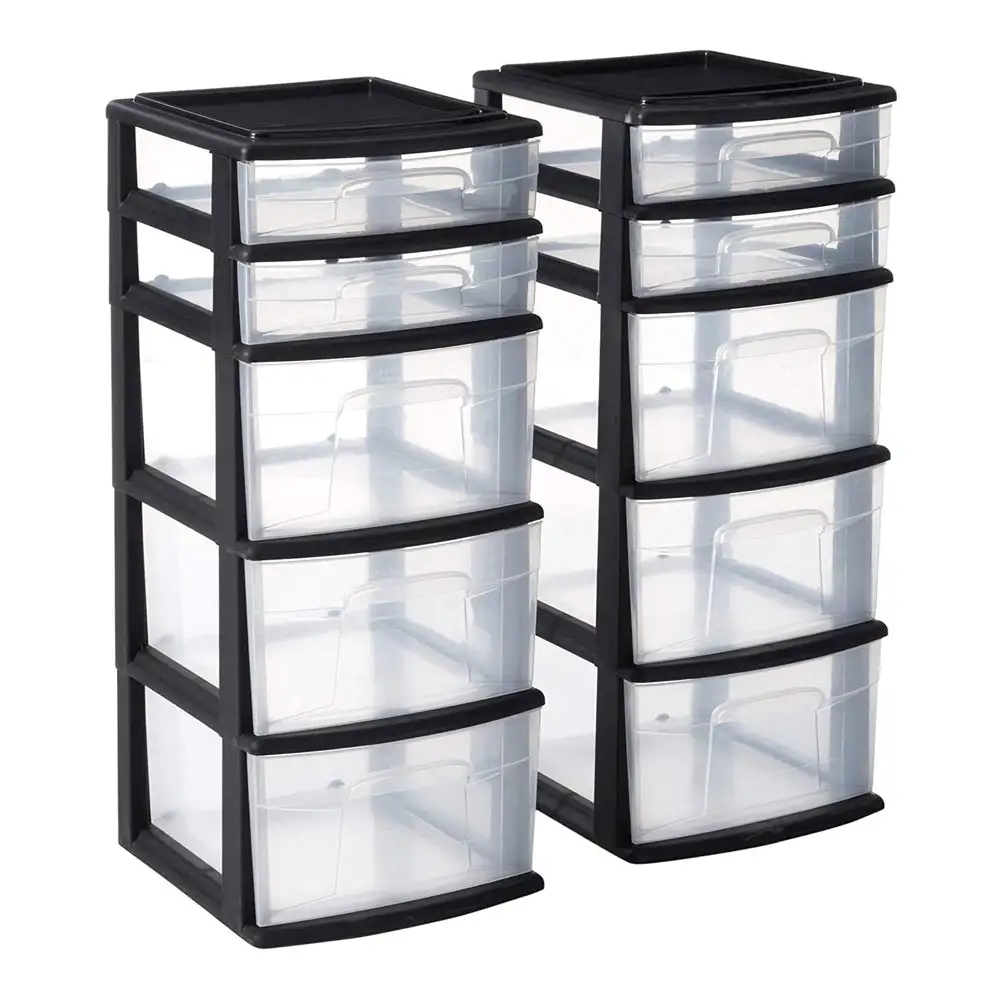 Homz Plastic 5 Drawer Storage Container Tower Closet Organizer, Black, 2 Pack