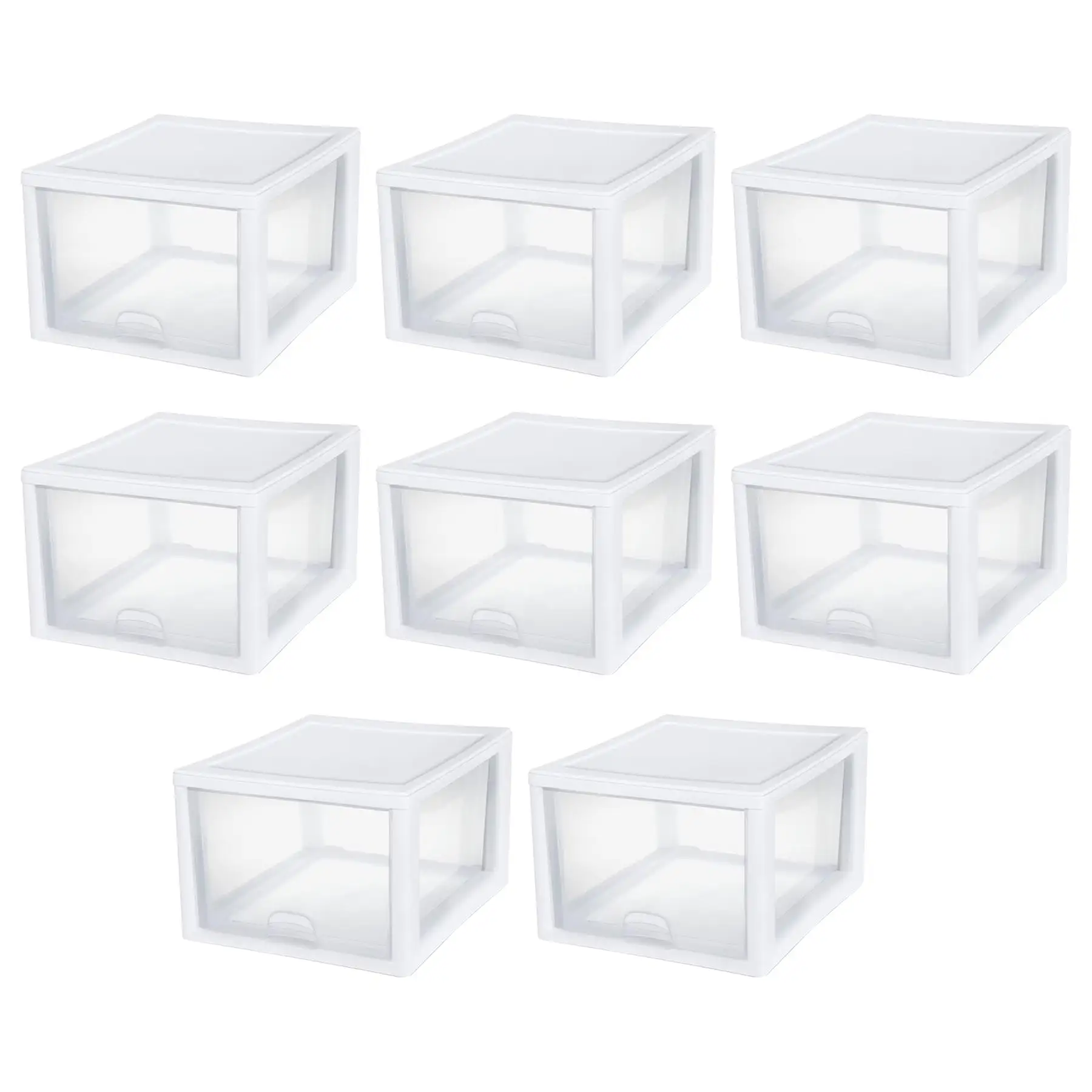 Sterilite 27 Quart Clear & White Plastic Storage Bin with One Drawer, 8 Pack