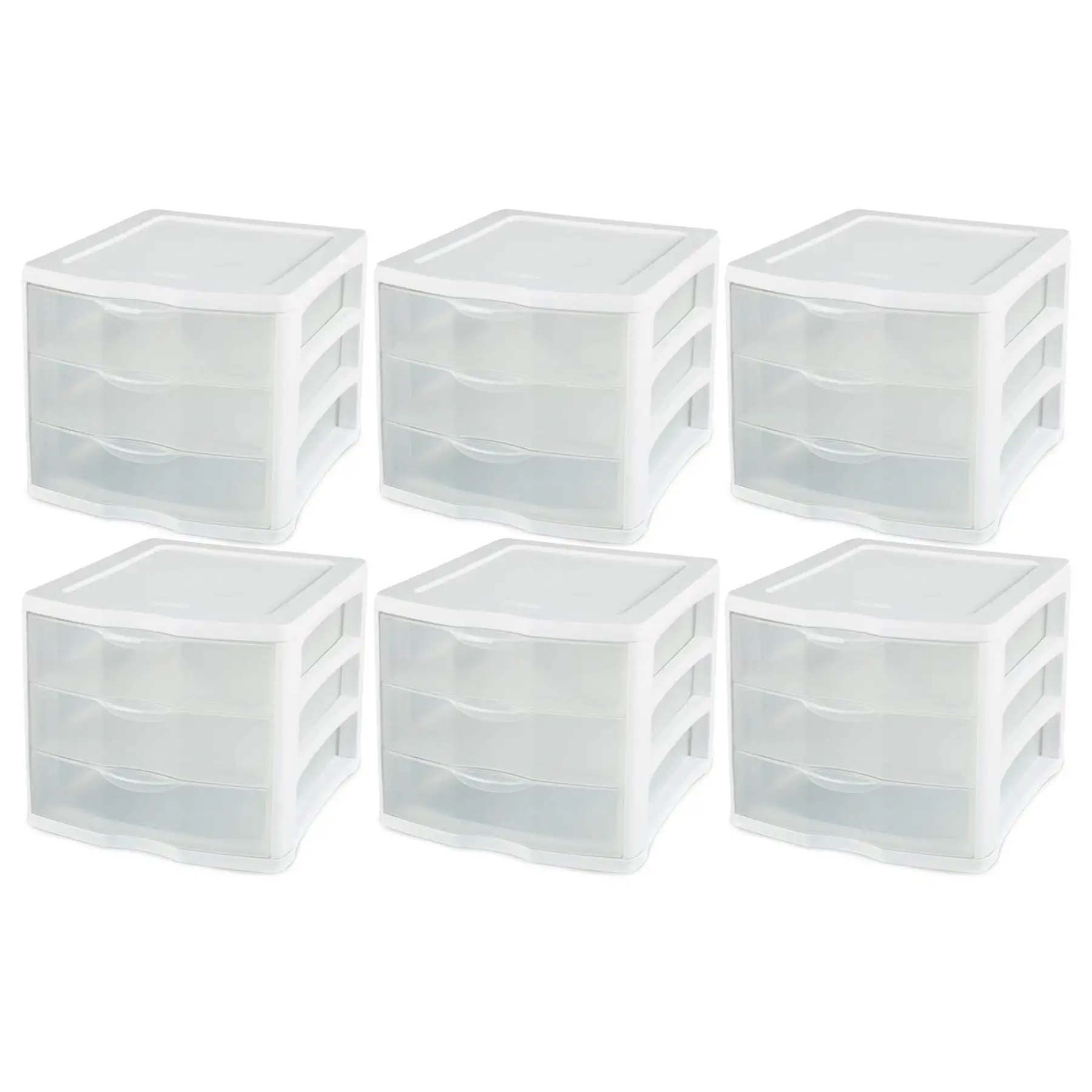 Sterilite Clear Plastic Stackable Small 3 Drawer Storage System, White, (6 Pack)