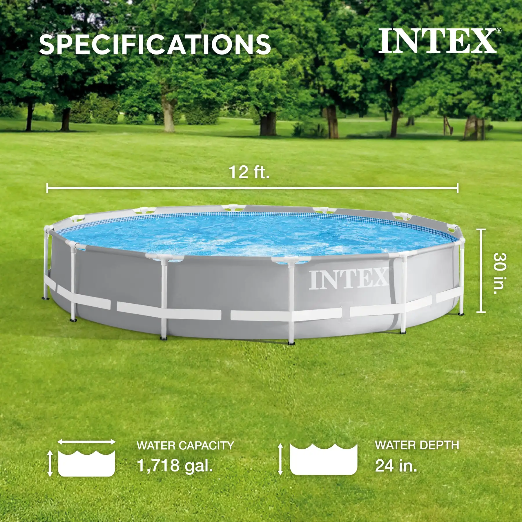 Intex 12 Foot x 30 Inches Durable Prism Steel Frame Above Ground Pool ...