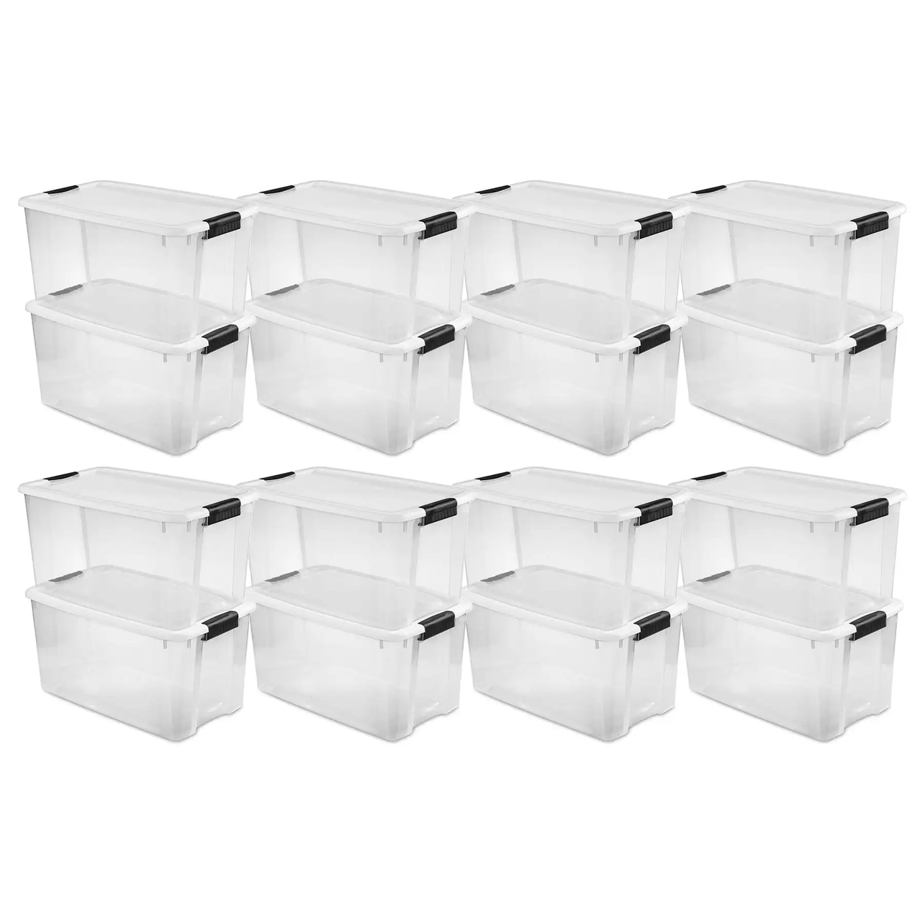 Sterilite 70 Qt Clear Plastic Stackable Storage Bin w/ White Latch Lid, 16 Pack