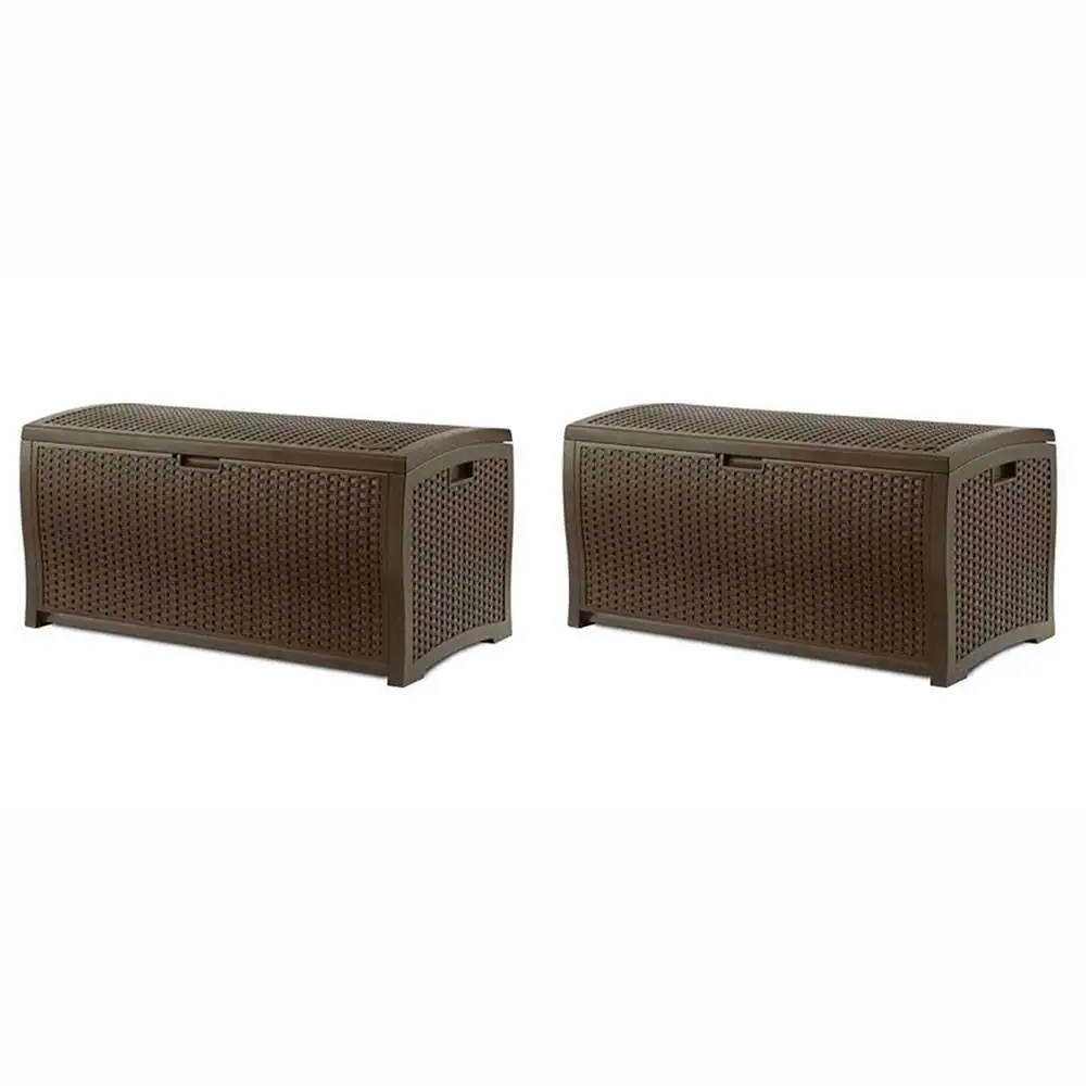 Suncast 73 Gallon Wicker Resin Outdoor Patio Storage Deck Box, Mocha (2 Pack)