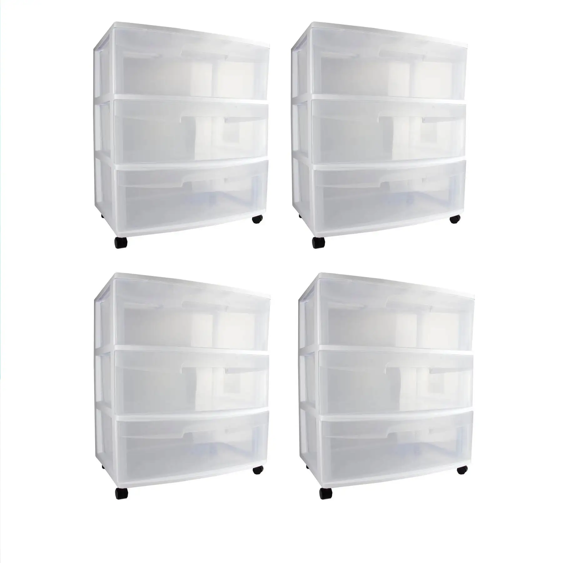 Sterilite At Home 3 Drawer Wide Storage Cart Container with Casters (4 Pack)