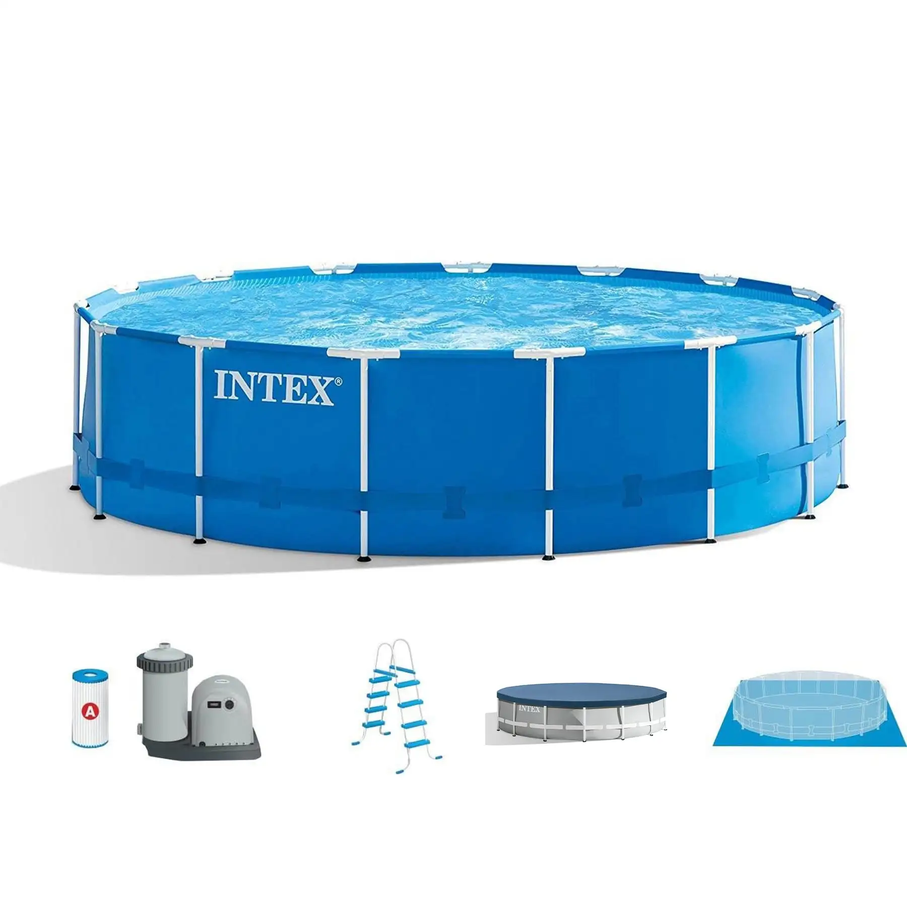 Intex Metal Frame 15' x 48" Outdoor Above Ground Pool Set with Round Pool Cover