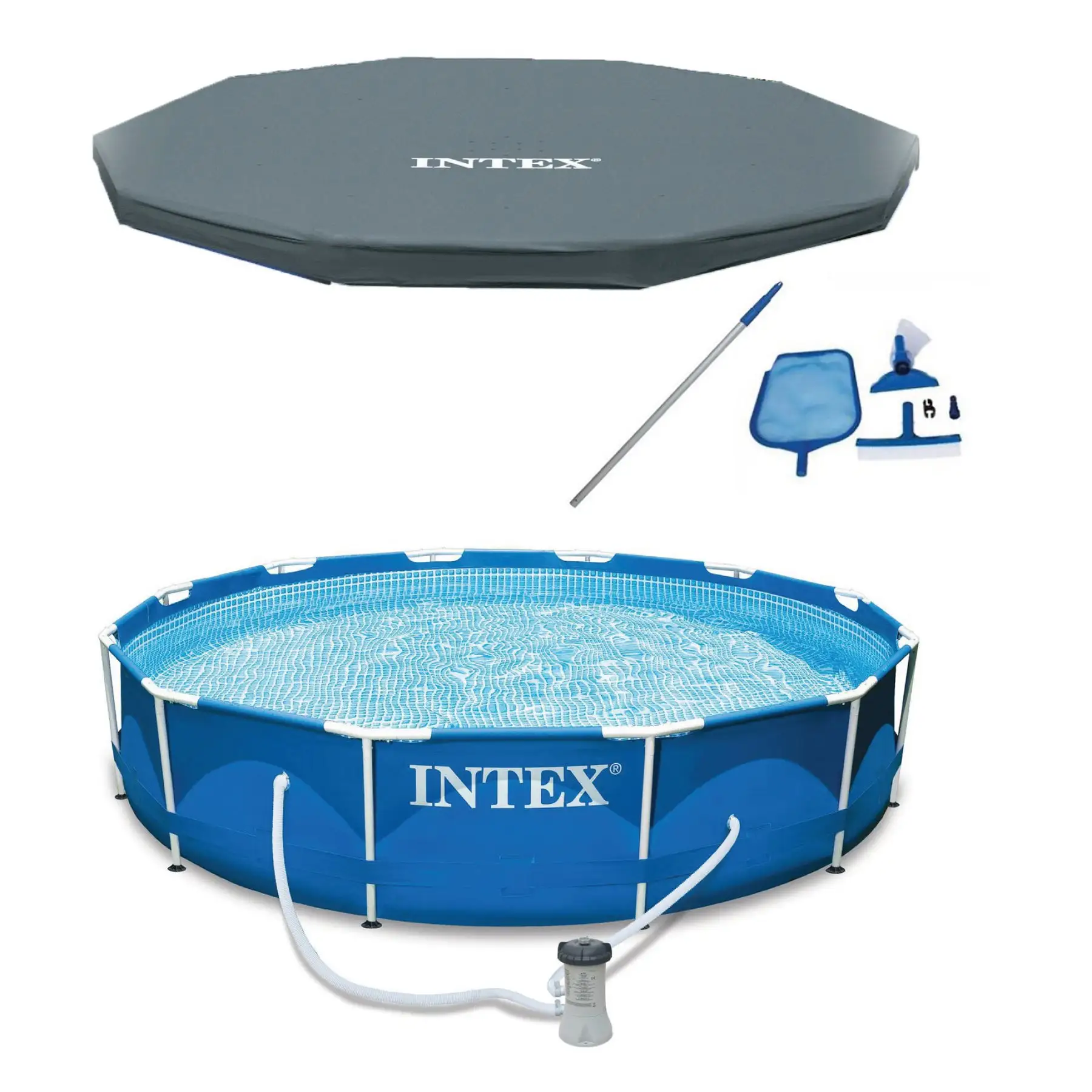 INTEX 12' x 30" Metal Frame Above Ground Pool, Filter, Cover, & Maintenance Kit