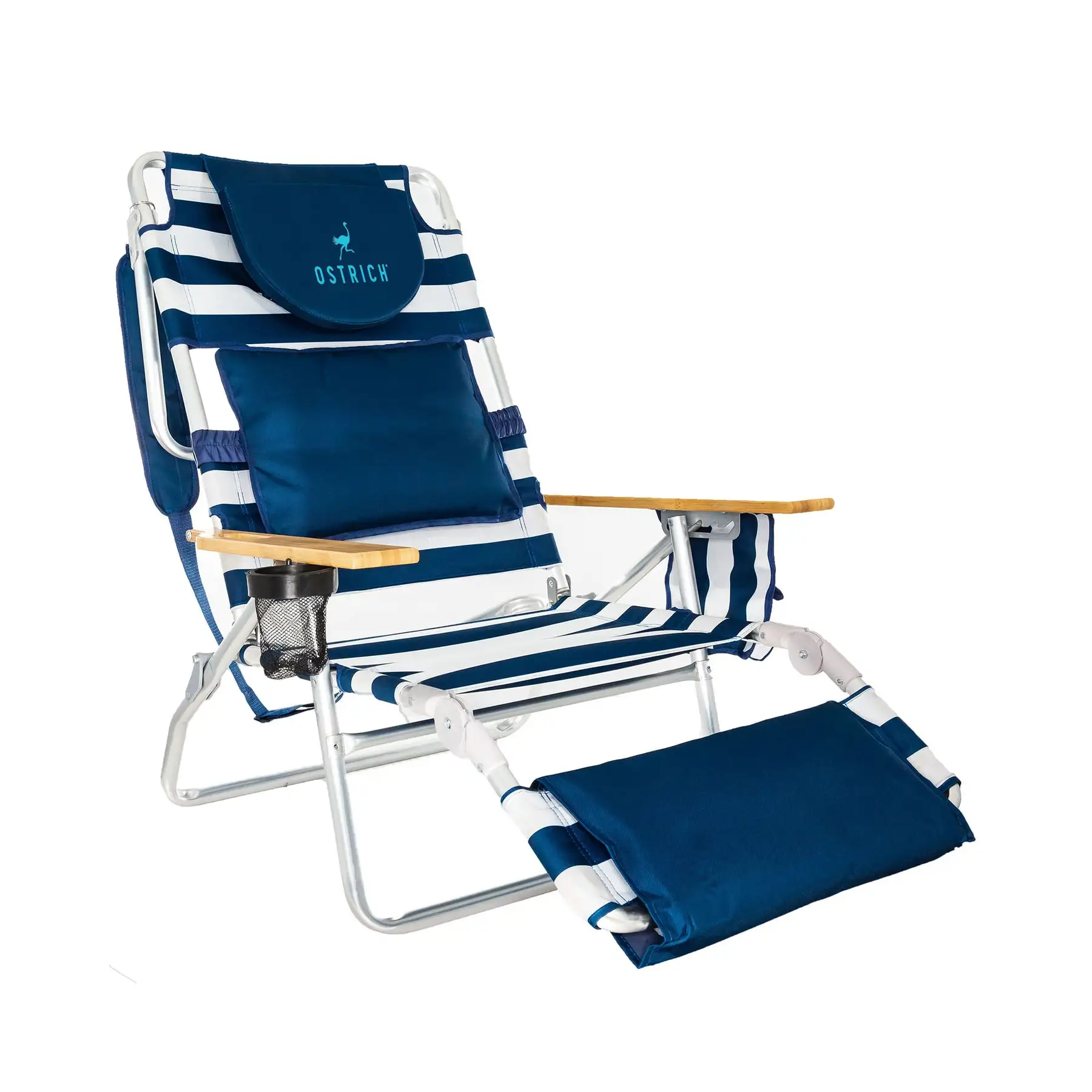 Ostrich Deluxe 3N1 Outdoor Lawn Beach Lounge Chair with Footrest, Blue Stripe