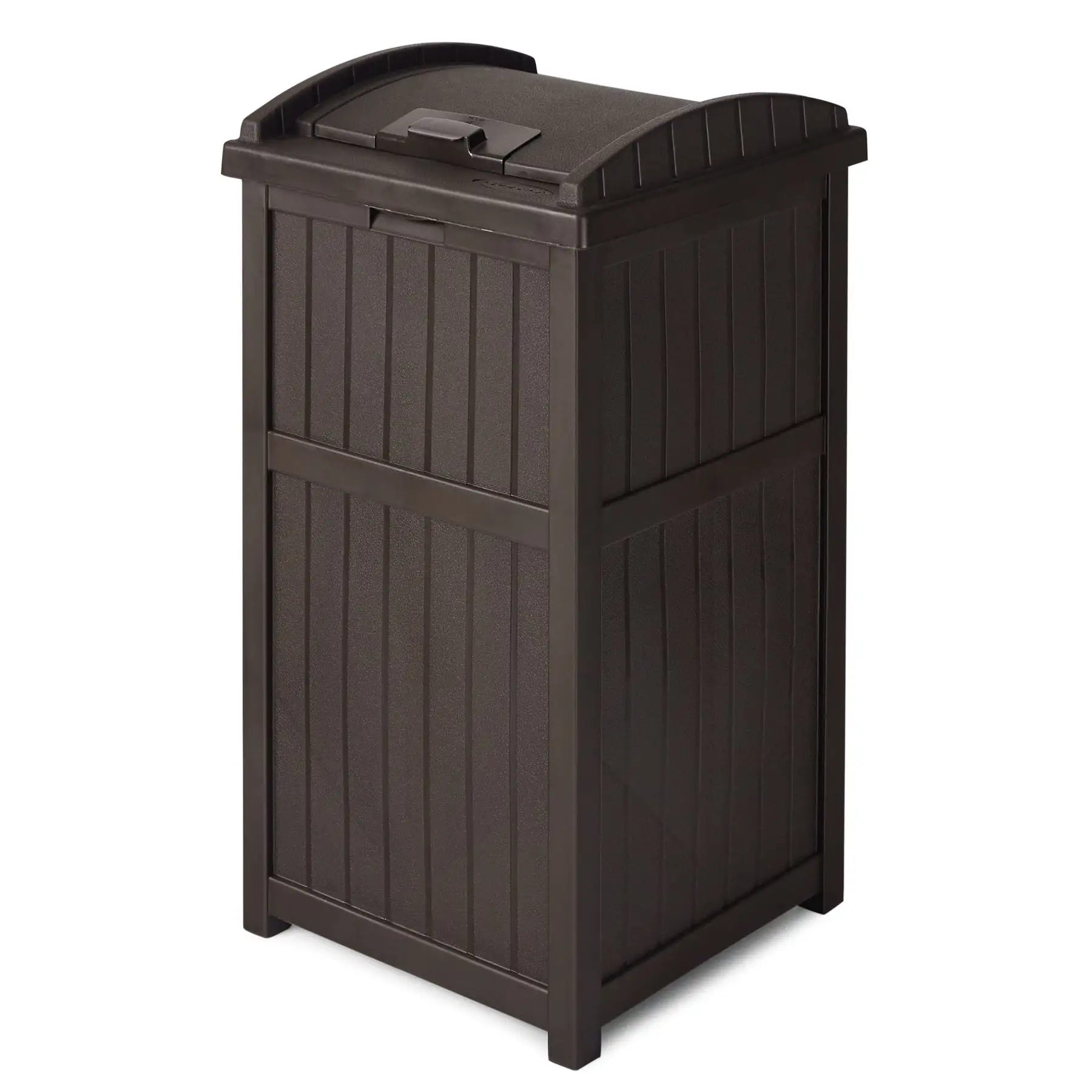 Suncast 33 Gal Hideaway Outdoor Backyard Garbage Can with Secure Lid, Java Brown