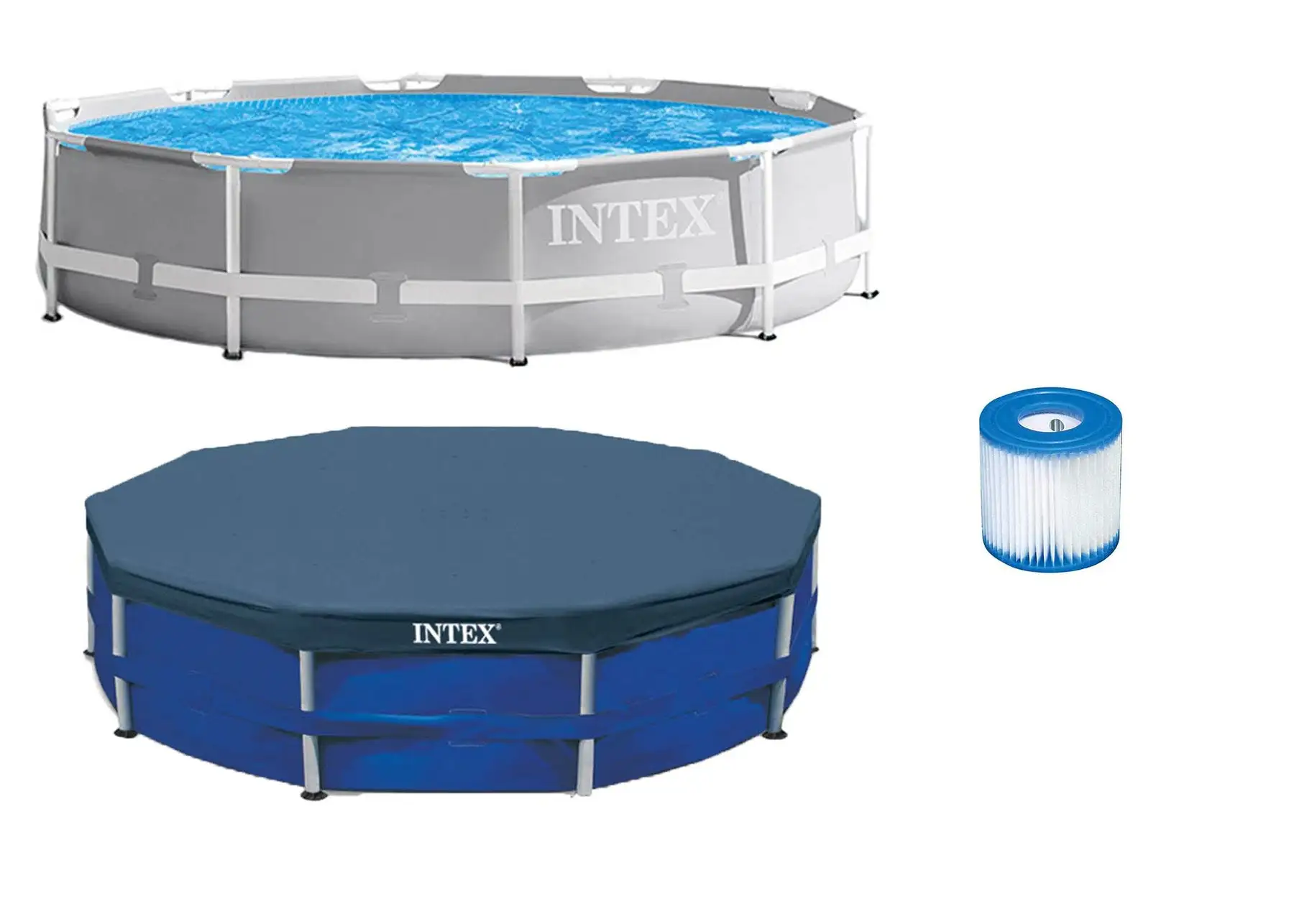 Intex 10ft x 10ft x 30in Pool w/ 10 Foot Round Pool Cover and Filter Cartridge