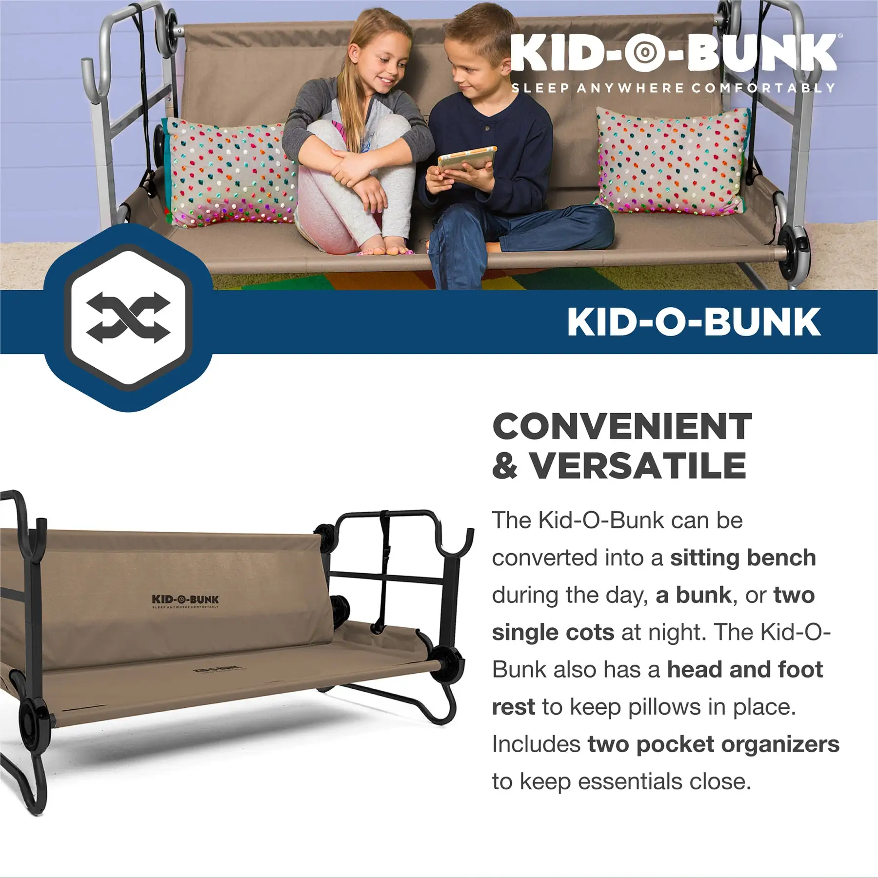 Disc-O-Bed Youth Kid-O-Bunk Bench Bunked Double Camping Cot, Tan (For ...