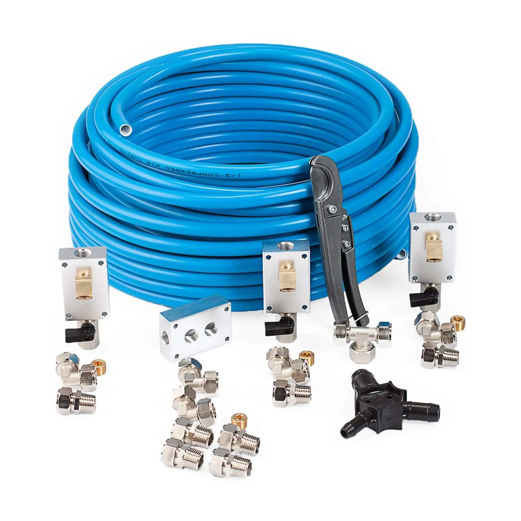 MaxLine 100 Foot 0.5 Inch Semi Flexible Compressed Air Tubing Master Kit, Blue