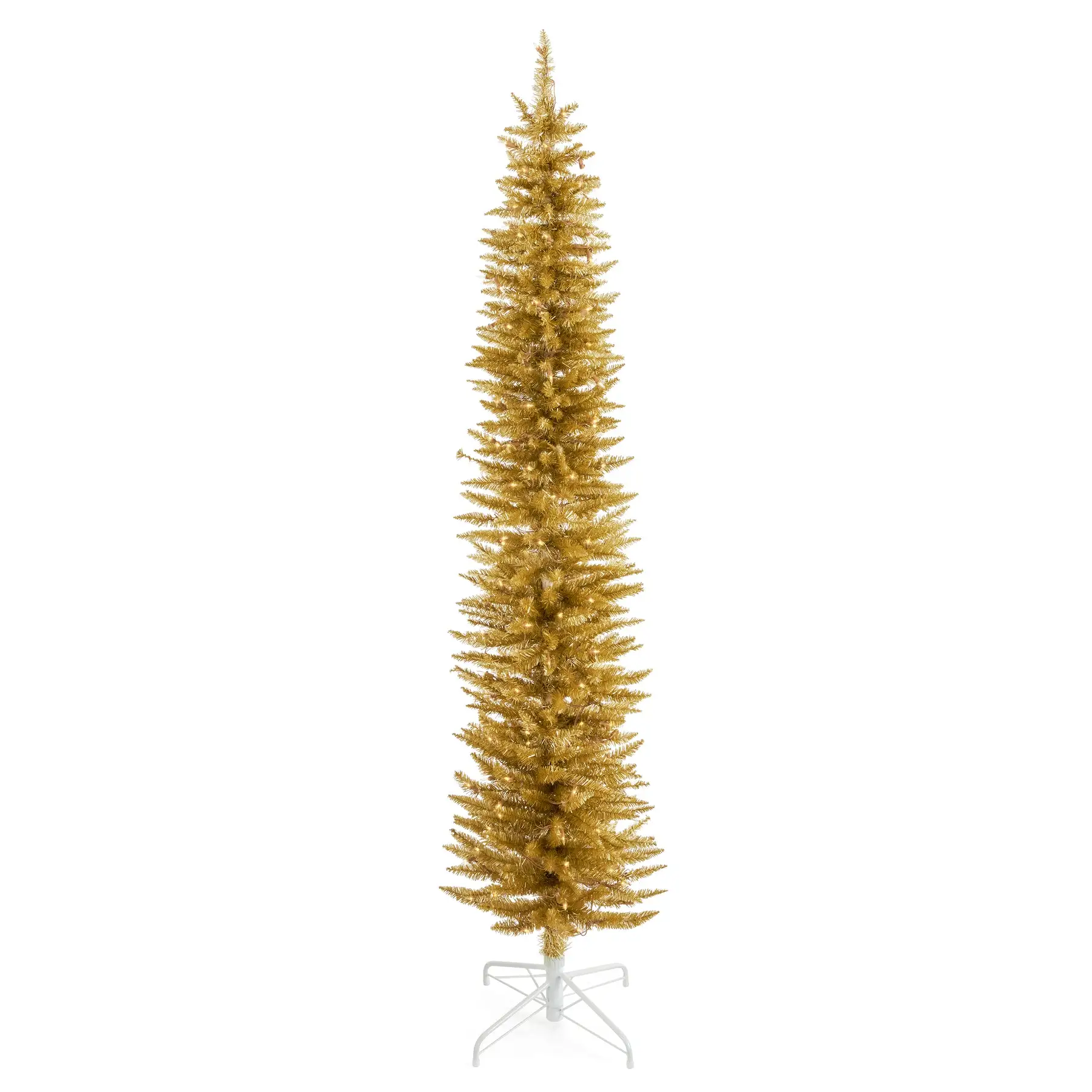 Home Heritage Tinsel 7' Pencil 150 LED Pre-Lit Artificial Christmas Tree, Gold