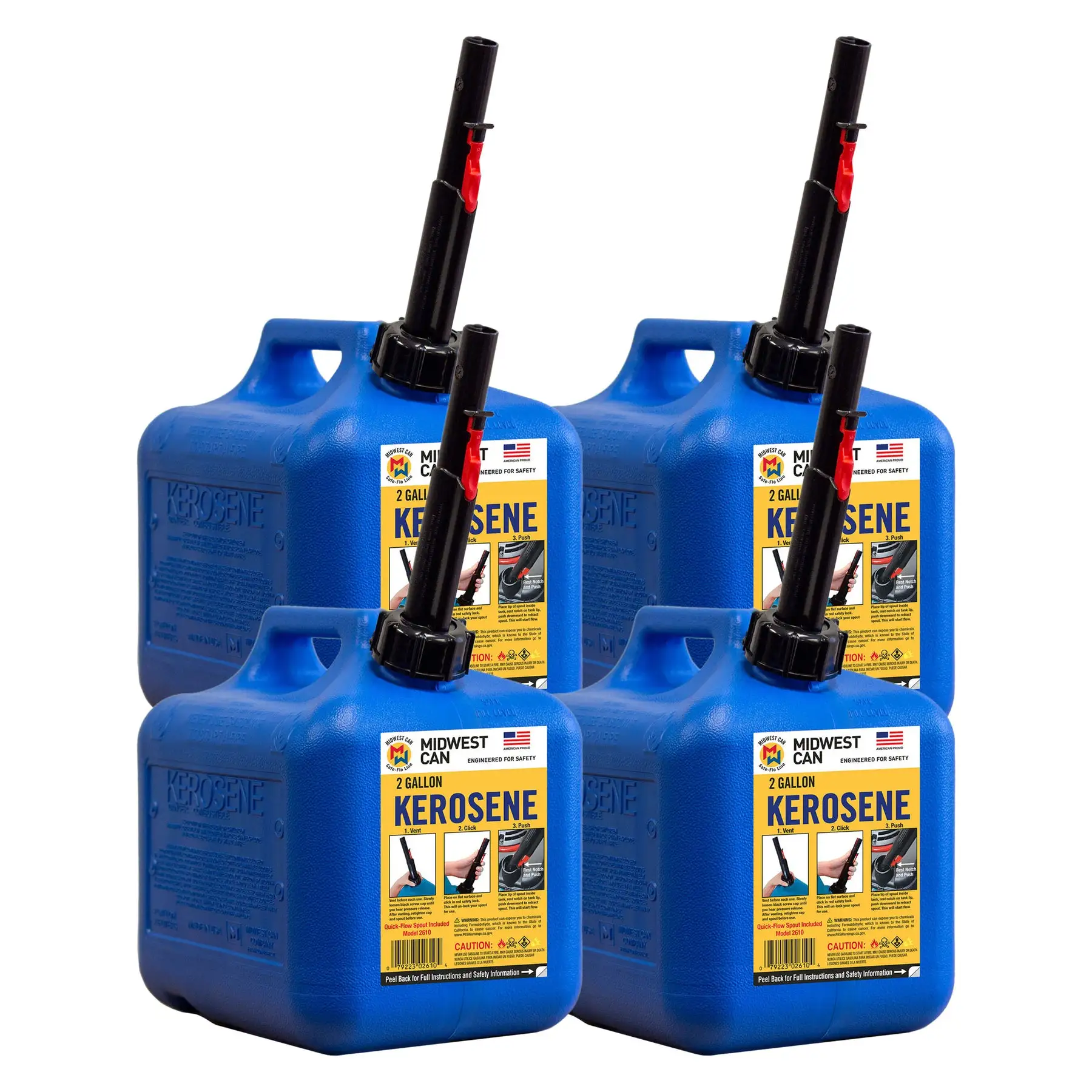 Midwest Can Company 2610 2 Gallon Kerosene Gas Can Container with Spout (4 Pack)