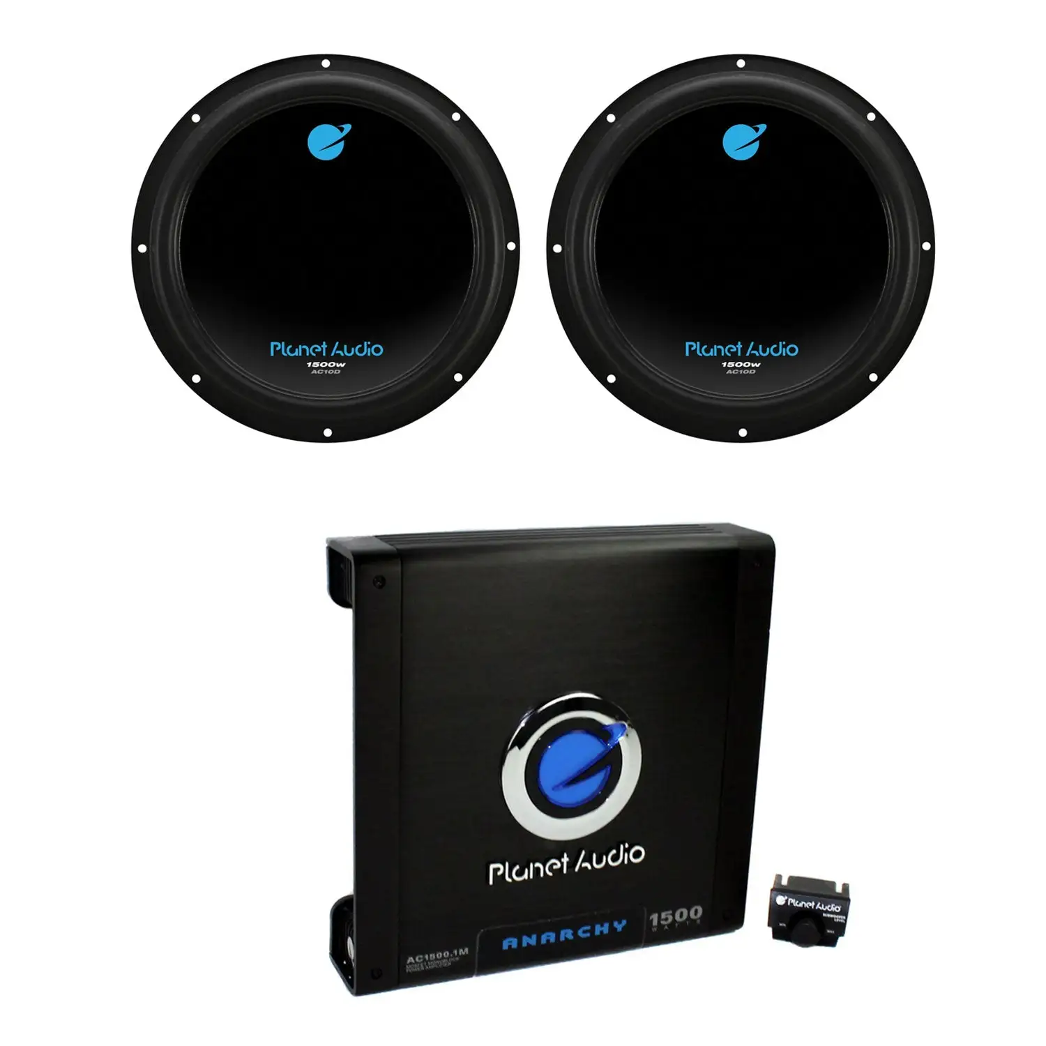 Planet Audio 10 Inch Subwoofer (2 Pack) & AC15001M Car Audio Amplifier w/ Remote