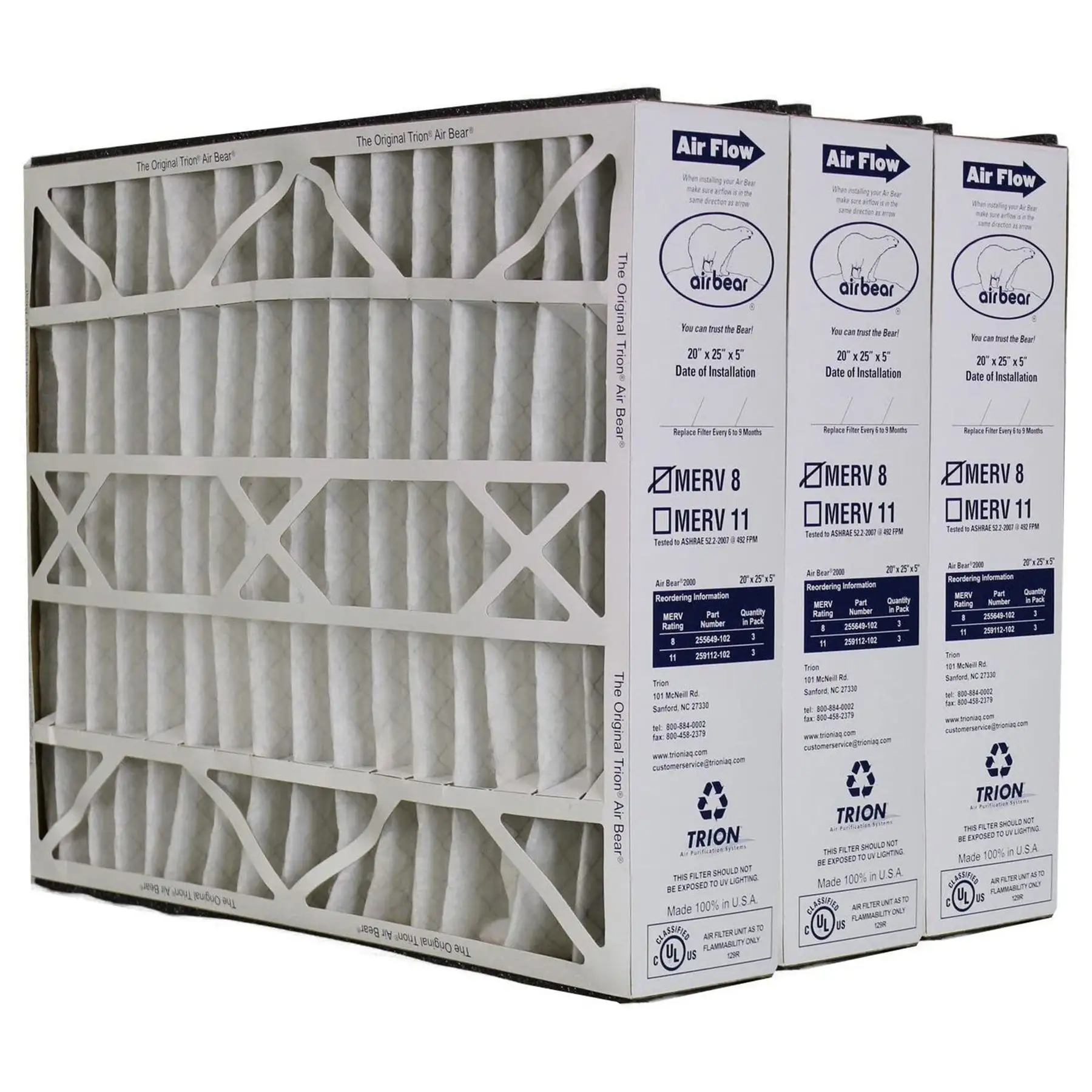 Trion 255649-102 Air Bear 20 x 25 x 5 Inch MERV 8 Air Purifier Filter (3 Pack)