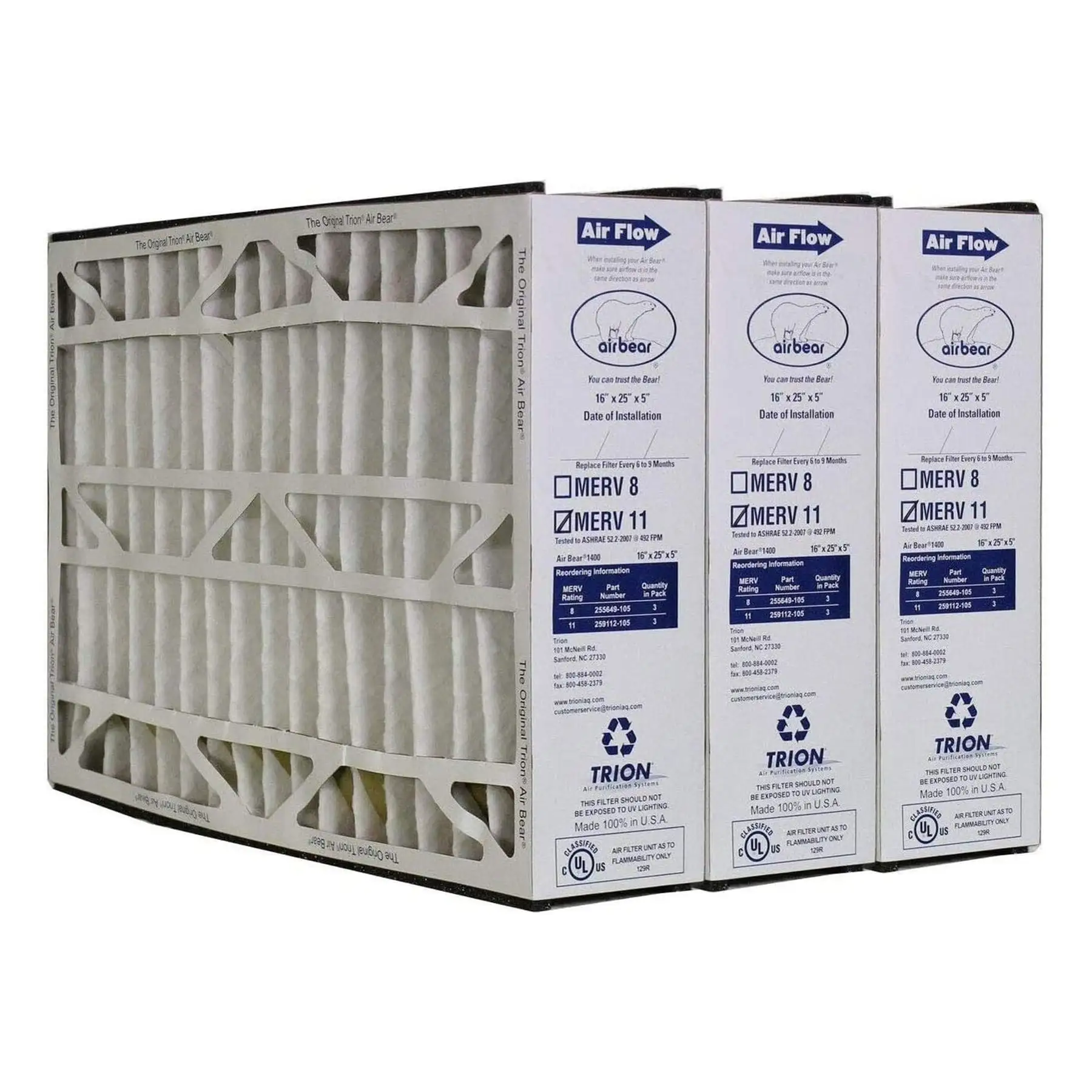 Trion 259112-105 Air Bear 16 x 25 x 5 Inch MERV 11 Air Purifier Filter (3 Pack)