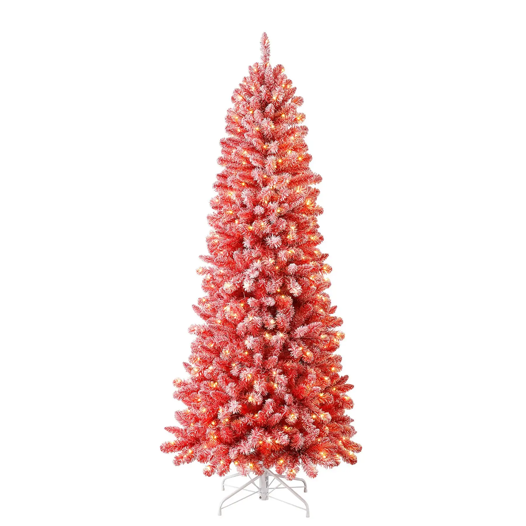 Home Heritage Anson 7 Ft Slim Pine Prelit Flocked Artificial Christmas Tree, Red