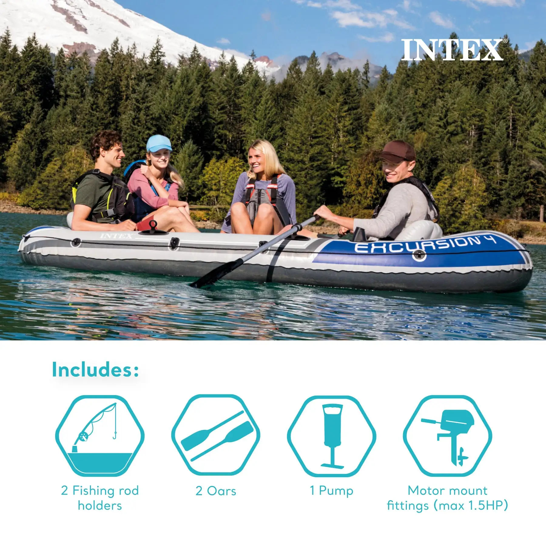 Intex Excursion 4 Person Inflatable Rafting and Fishing Boat Set with 2 ...