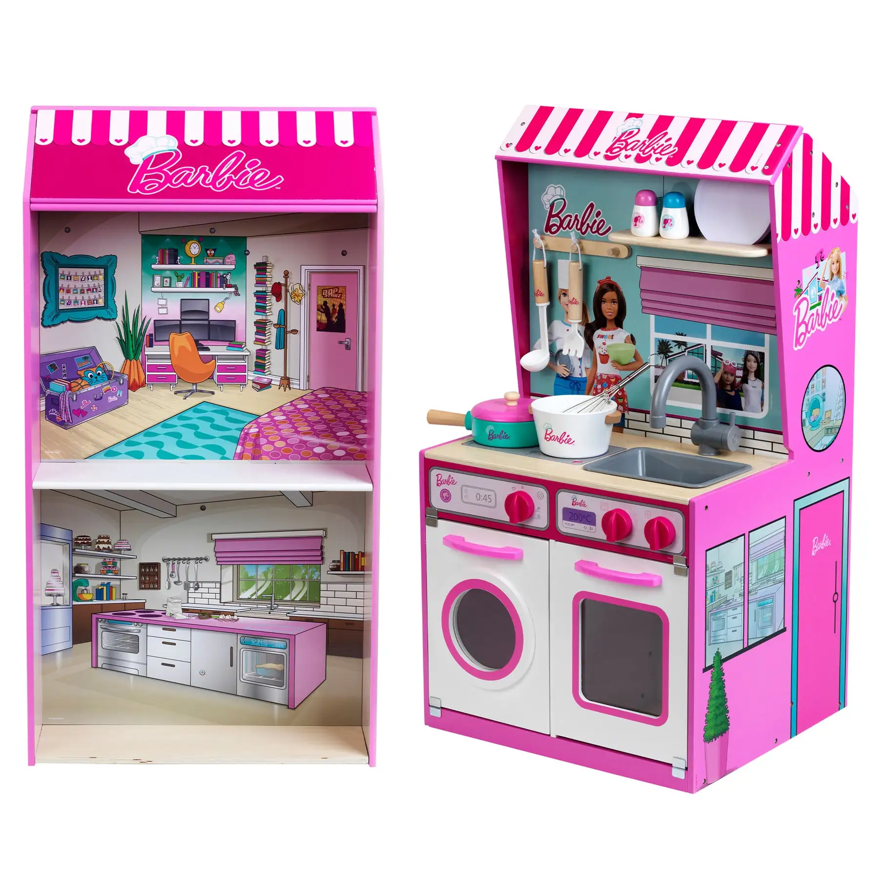 2 In 1 Barbie Pretend Play Toy Kitchen and Dollhouse for Kids 3 & Up