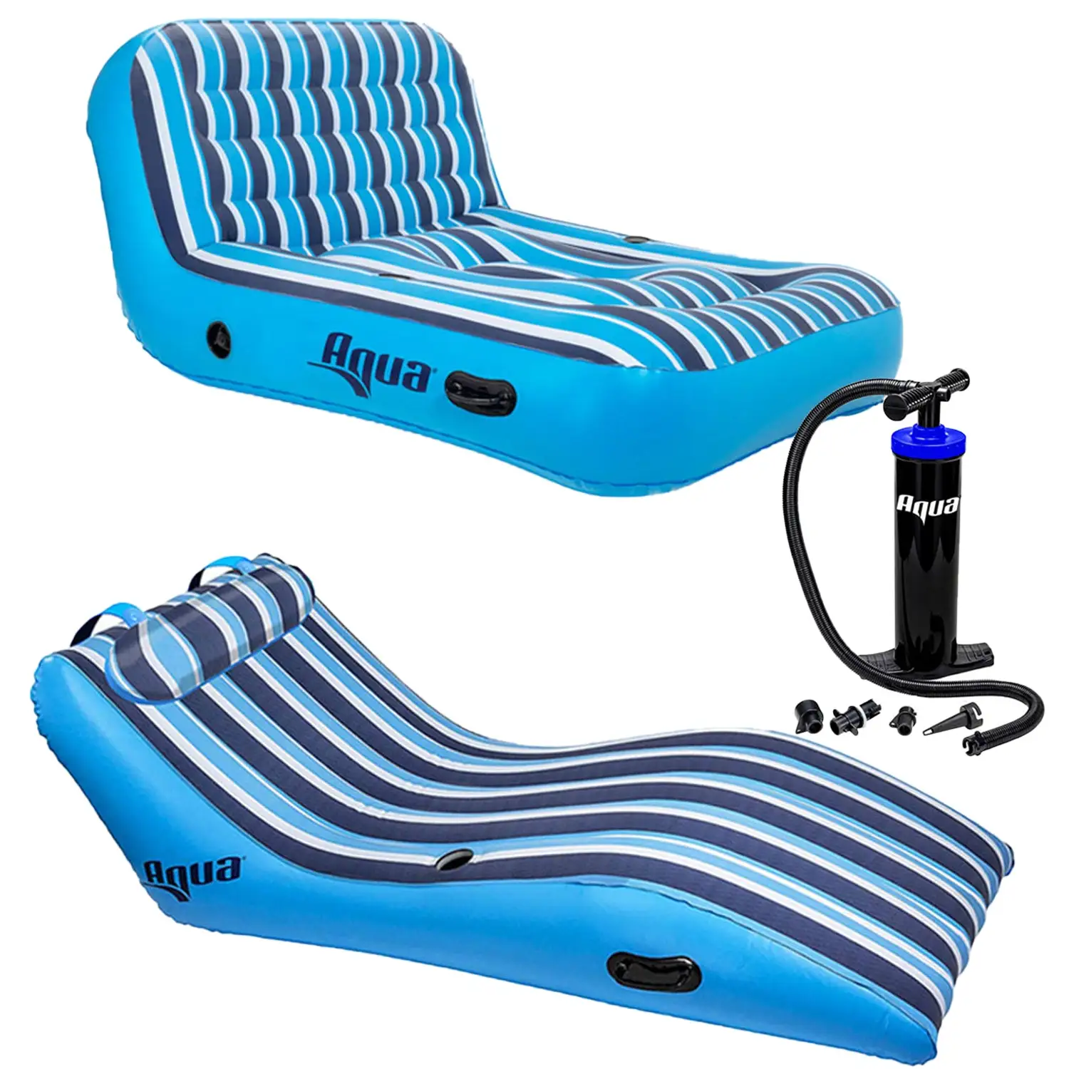 Aqua Lounge 1 Person Pool Float & 2 Person Pool Float Lounger w/ Hand Pump, Blue