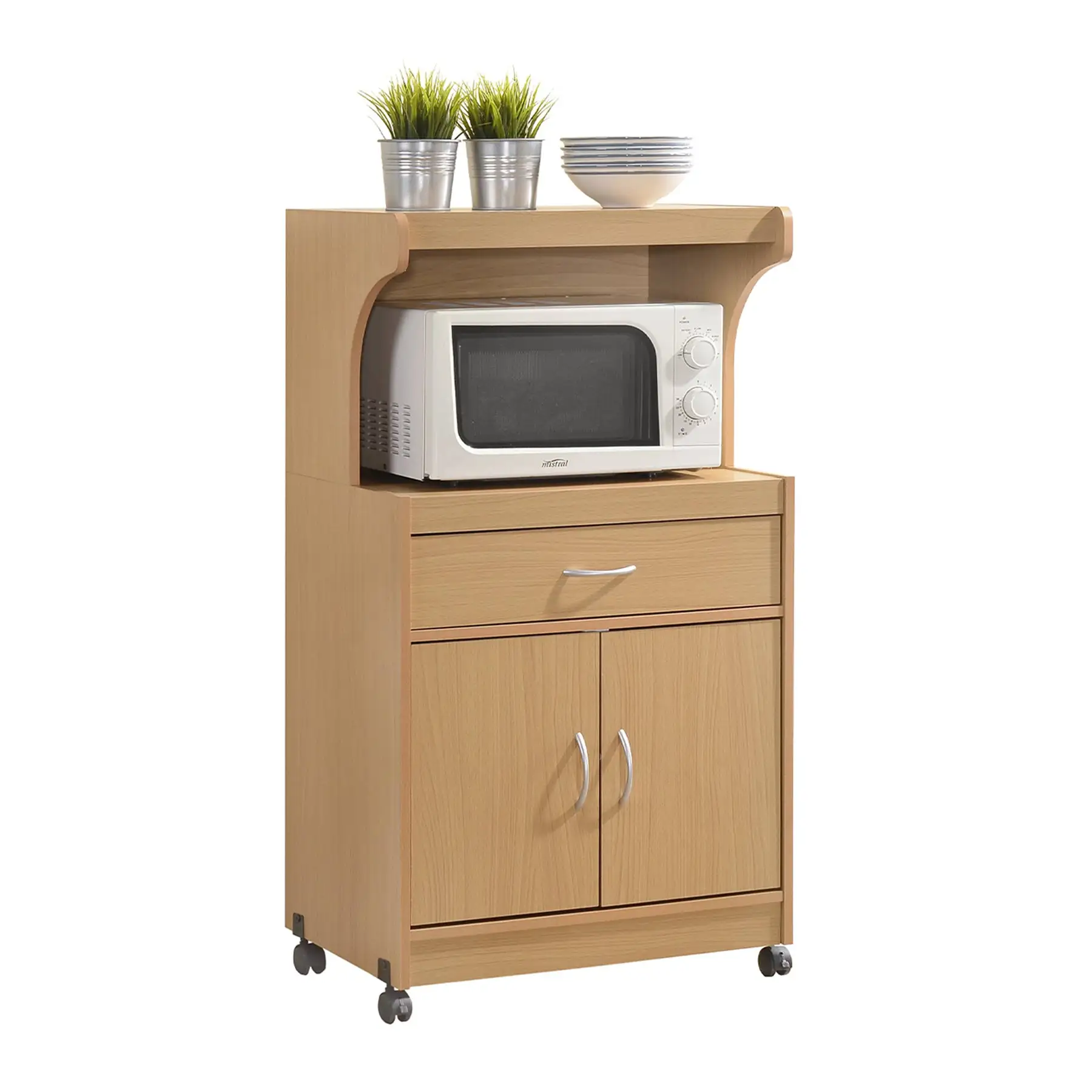 Hodedah Wheeled Kitchen Microwave Cart with Drawer and Cabinet Storage, Beech