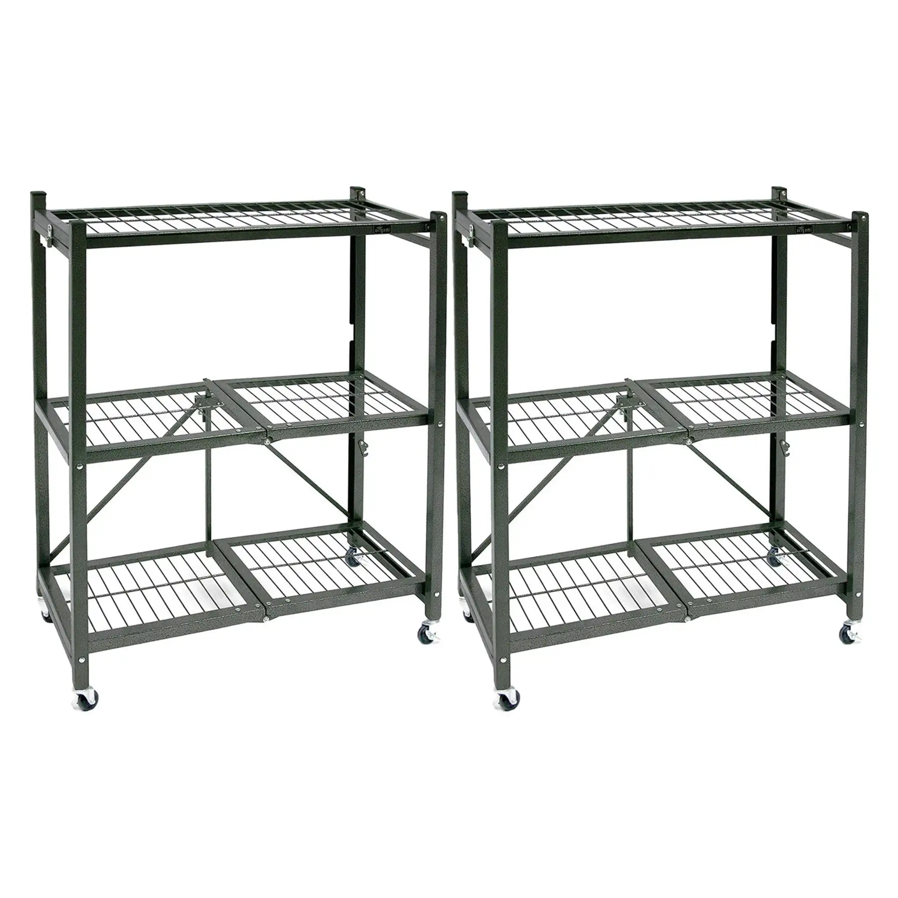 Origami R3 Foldable 3-Tiered Shelf Storage Rack & Wheels, Pewter (2 Pack)