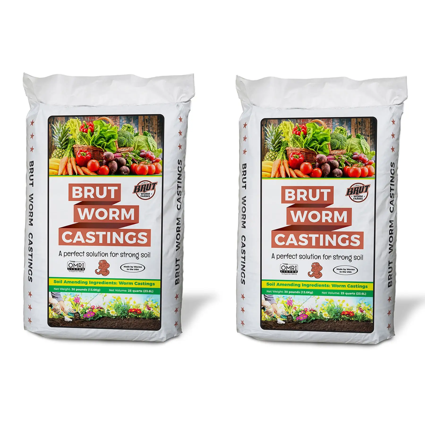 Brut Worm Farms Organic Worm Castings Soil Builder Set, 30 Pound Bag (2 Pack)