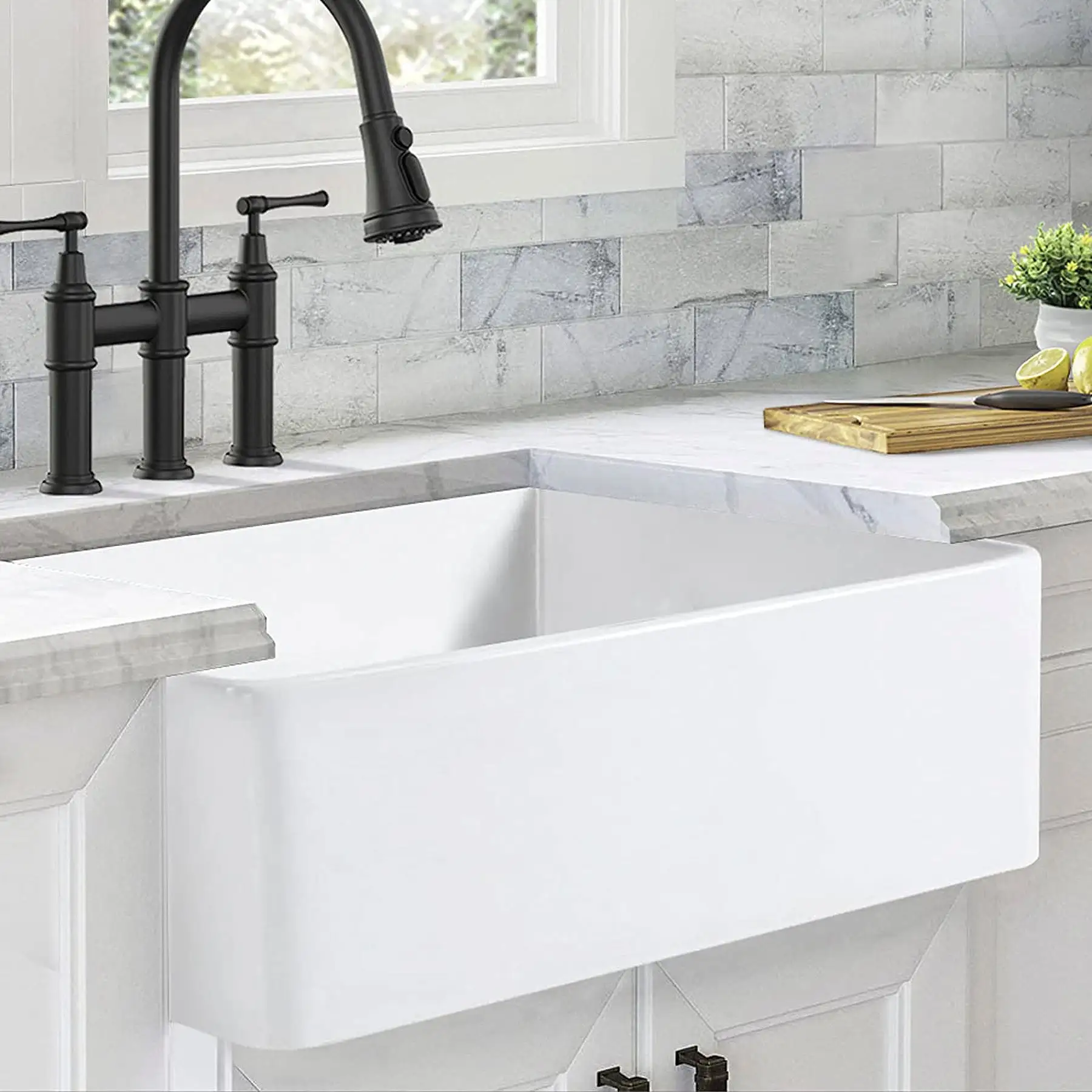 ALWEN 30 Inch Single Bowl Reversible Fireclay Farmhouse Sink, Undermount, White