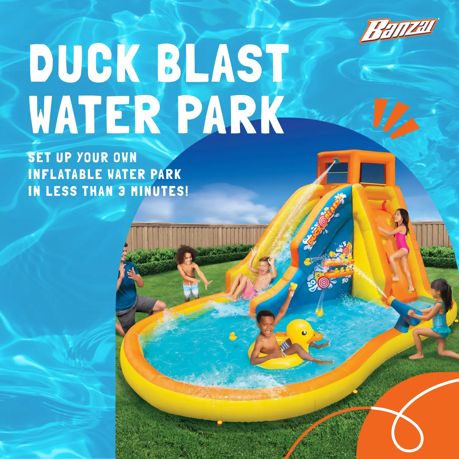 Banzie Float Banzai Duck Blast Water Park Inflatable Slide w/Pool Float & Water ...