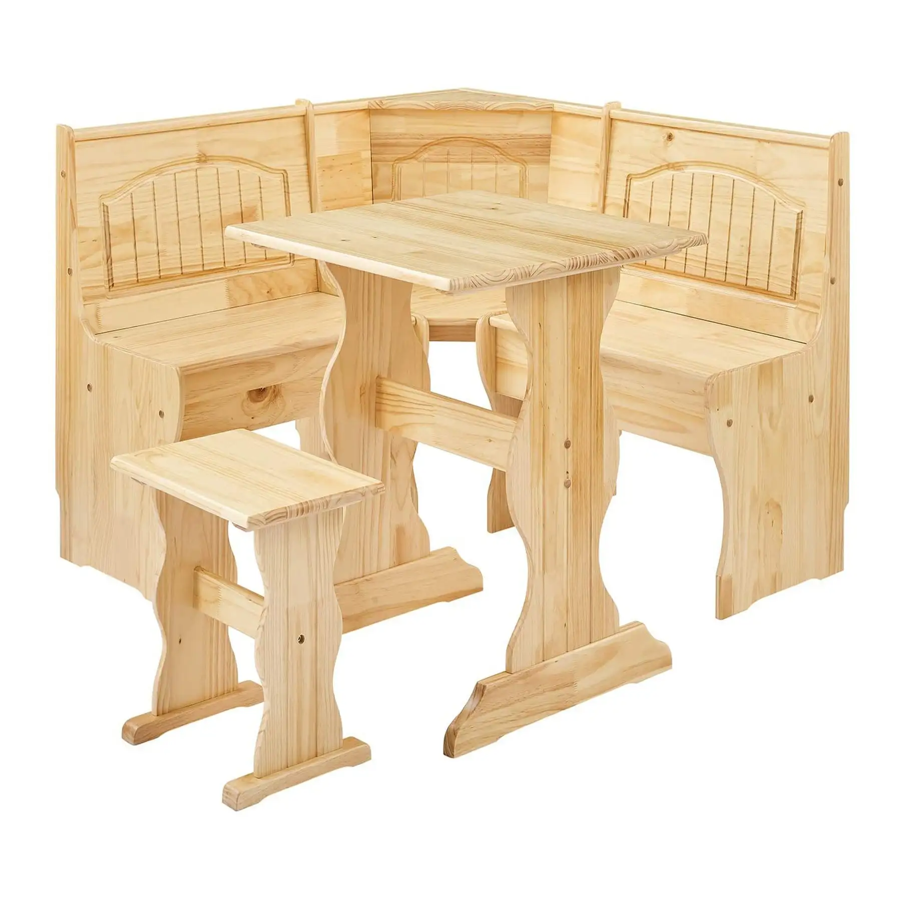 MUSEHOMEINC Traditional 3 Piece Solid Wood Nook Dining Table Set w/Bench, Nature