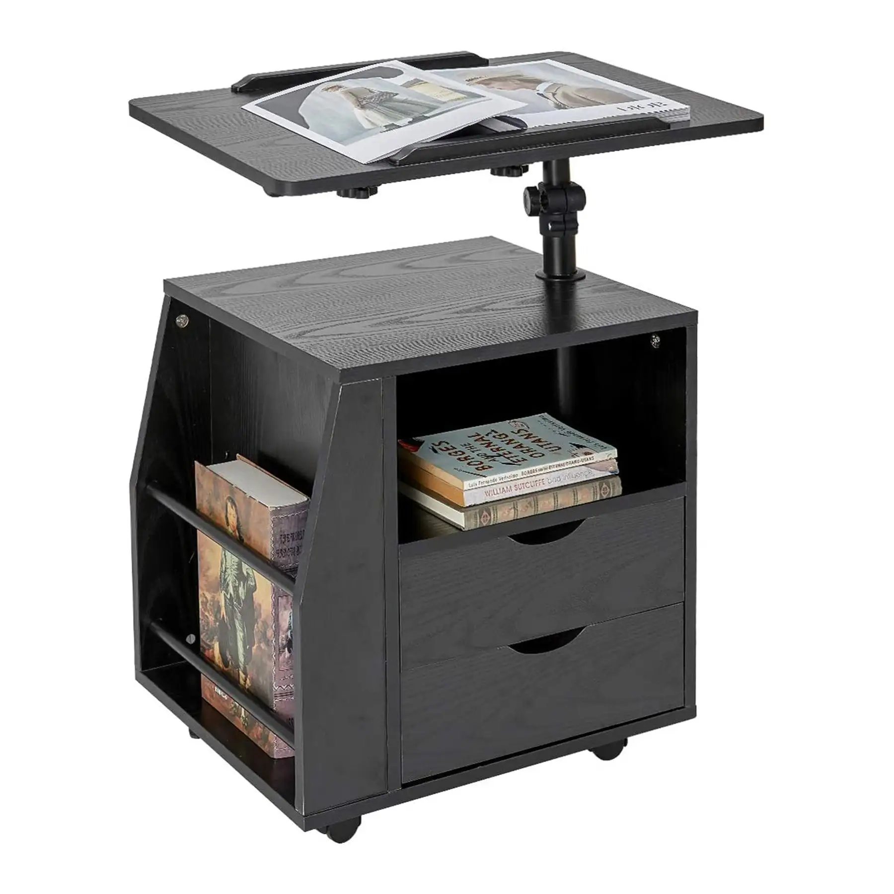 EROMMY Swivel Top Adjustable Height Bedside End Table w/Storage Drawers, Black