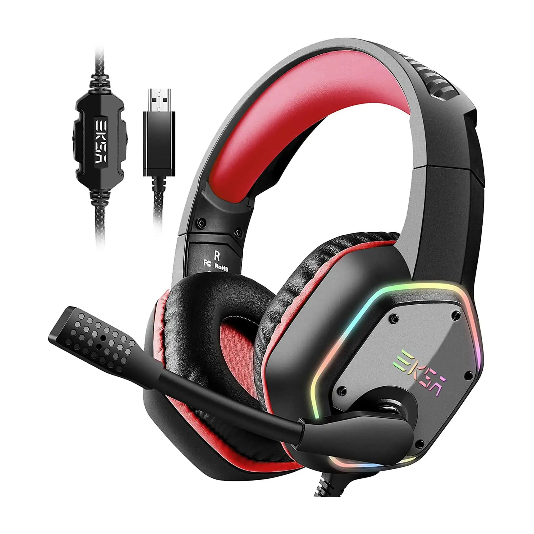 EKSA RGB Plug In USB Gaming Headset for PC, PS4, and PS5 with Microphone, Red