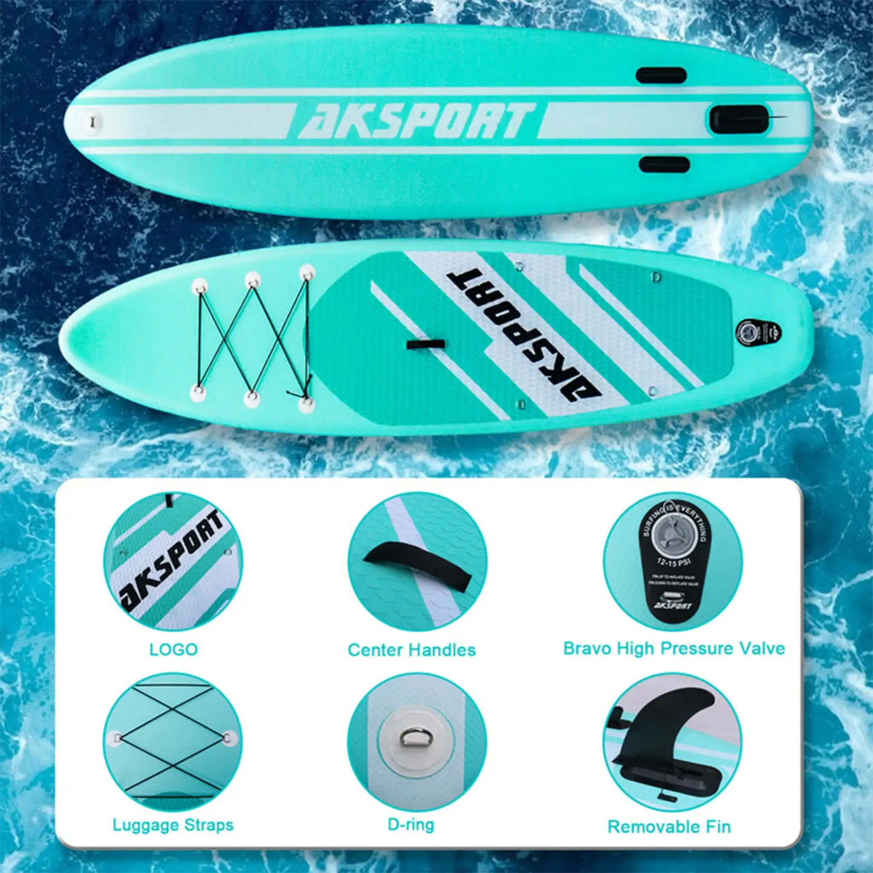 AKSPORT 10'6" Inflatable SUP All Around Stand Up Paddle Board Kit, Mint Green - Image 2