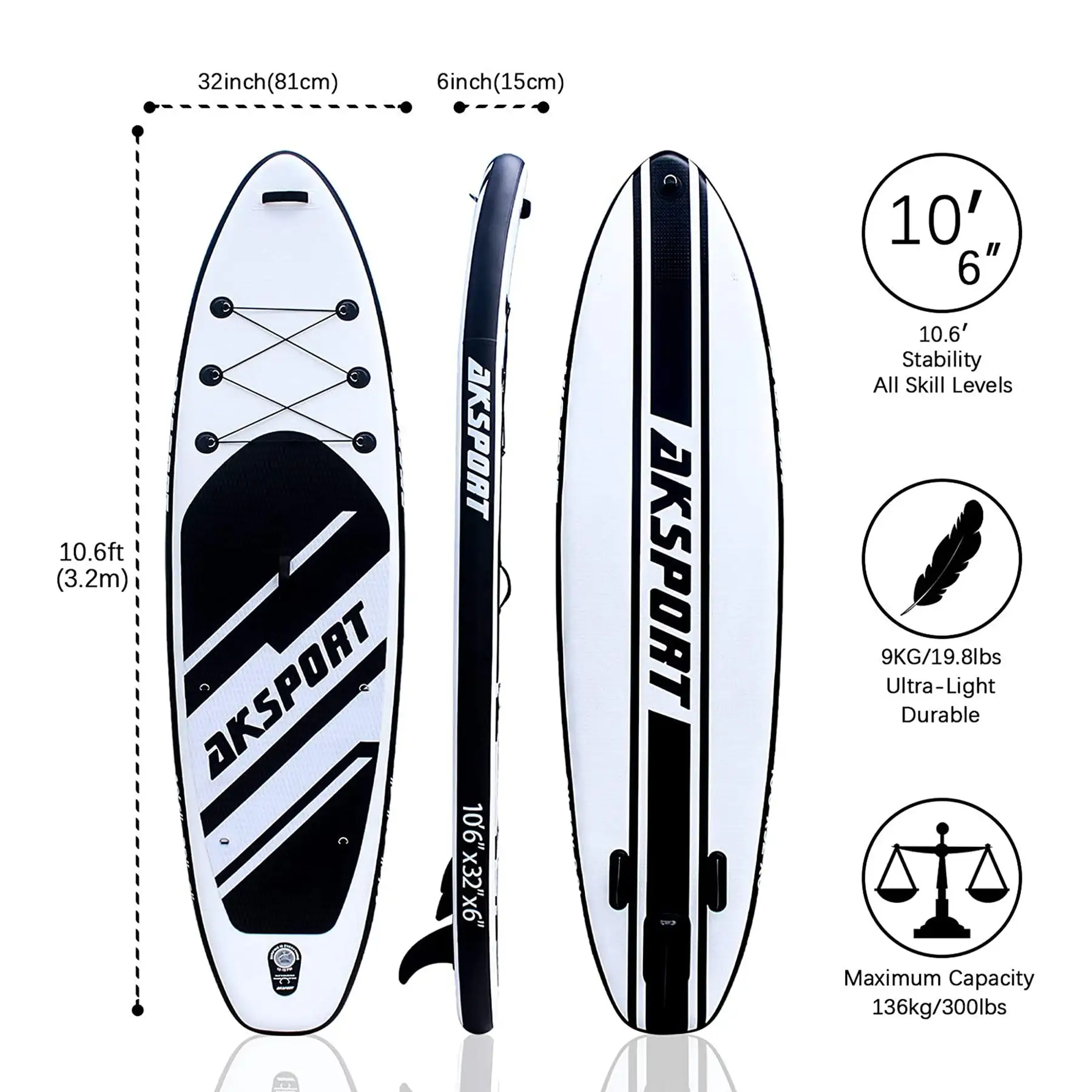 AKSPORT 10'6" Inflatable SUP All Around Stand Up Paddle Board Kit, Black/White - Image 4