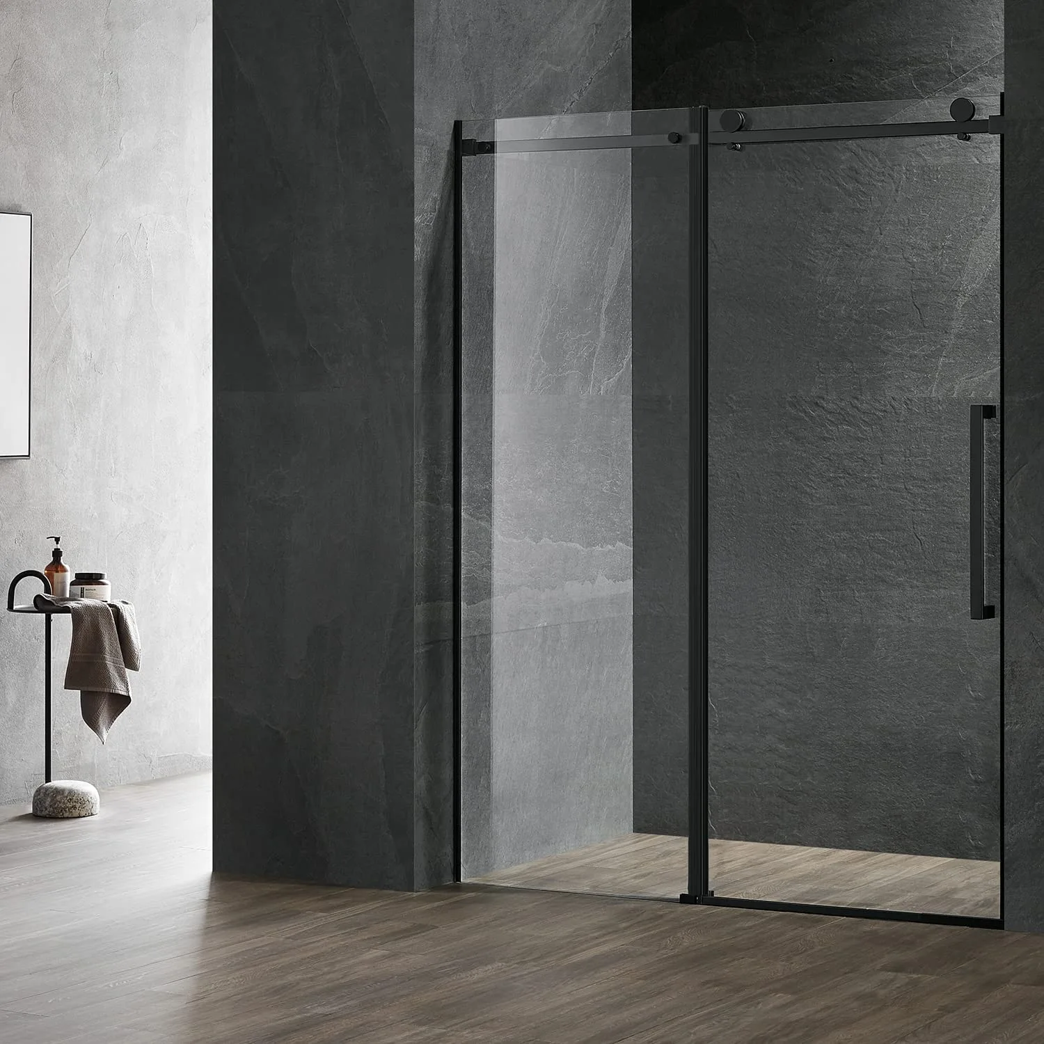 Serene Valley 52 x 74 Inch Square Rail Frameless Sliding Shower Door, Black