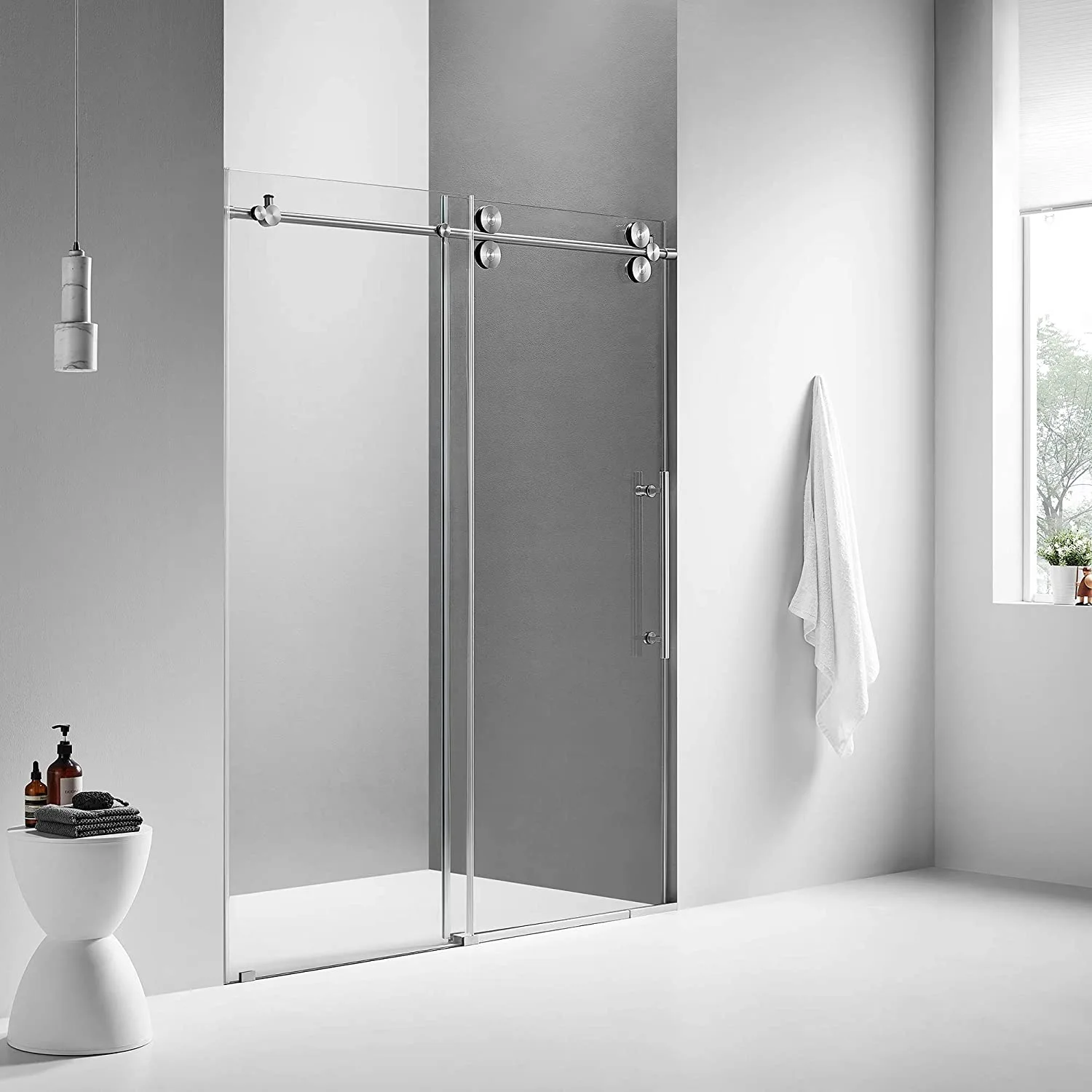 Serene Valley 72 x 74" Big Roller Frameless Sliding Shower Door, Brushed Nickel