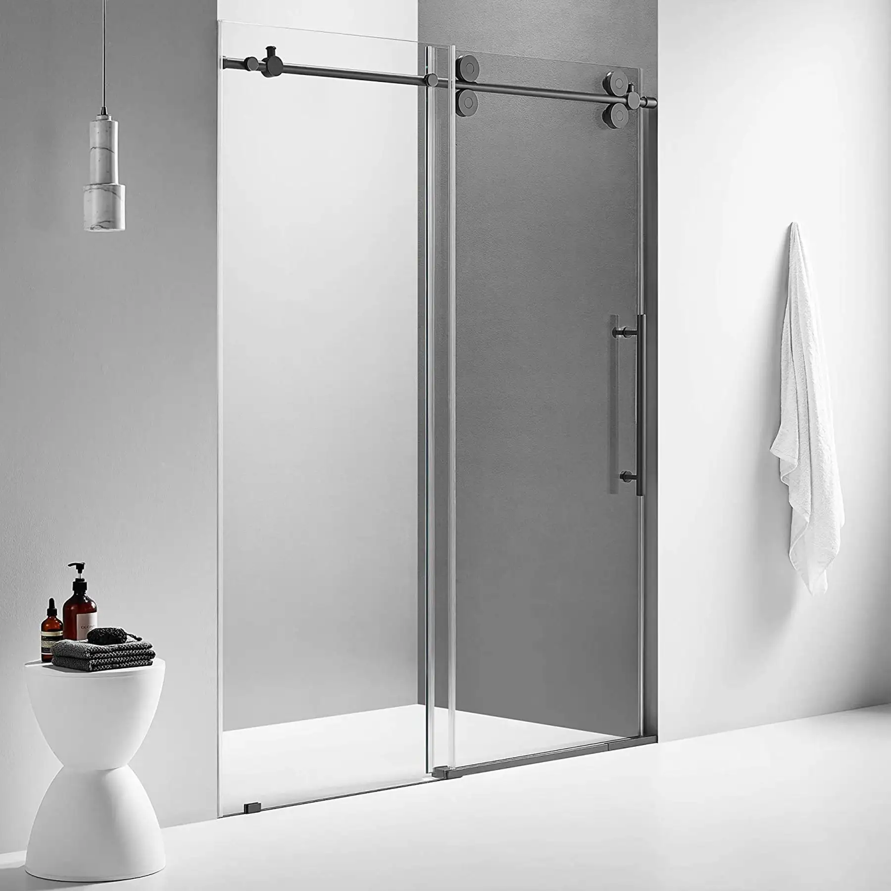 Serene Valley 56 x 74 Inch Big Roller Frameless Sliding Shower Door, Matte Black