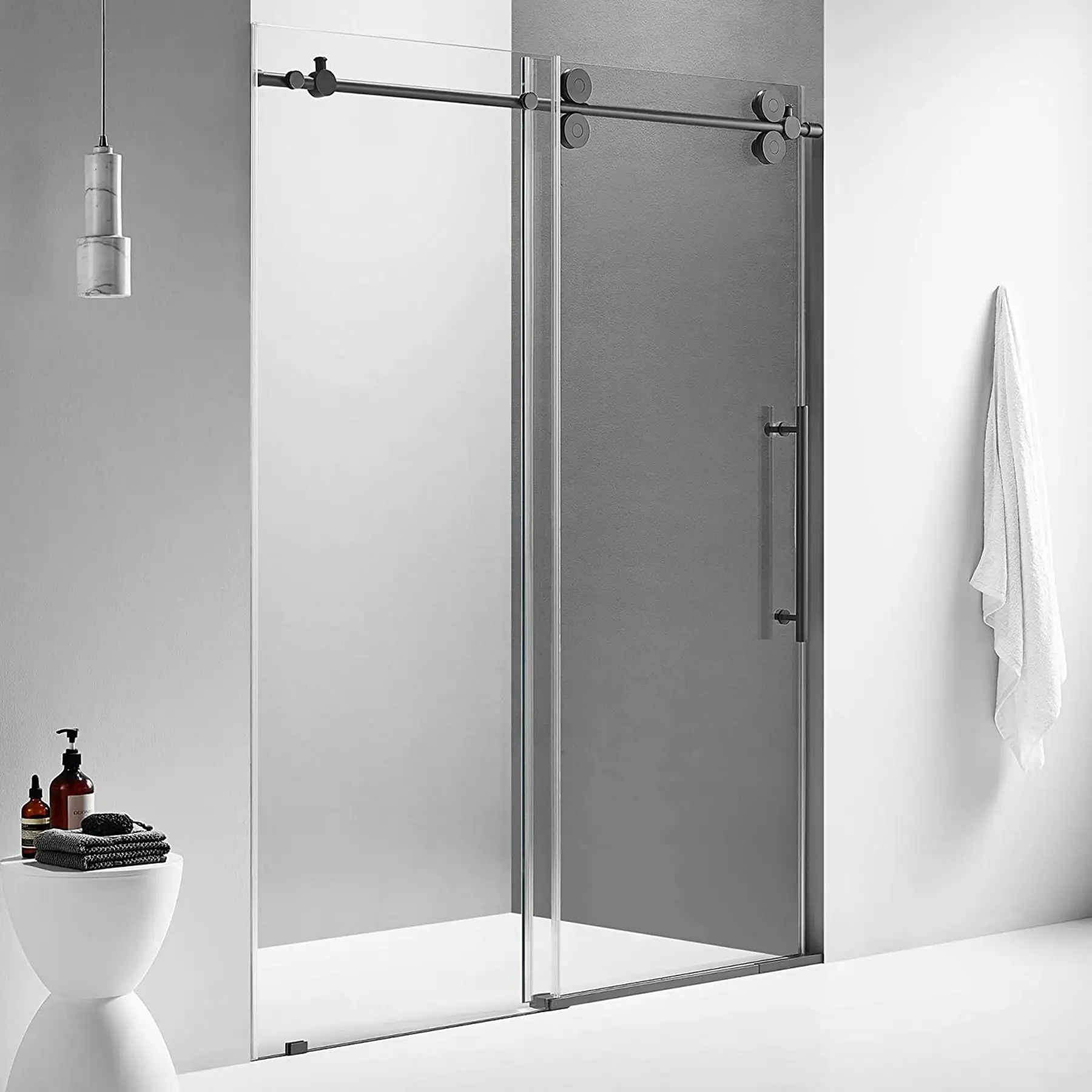 Serene Valley 52 x 74 Inch Big Roller Frameless Sliding Shower Door, Matte Black