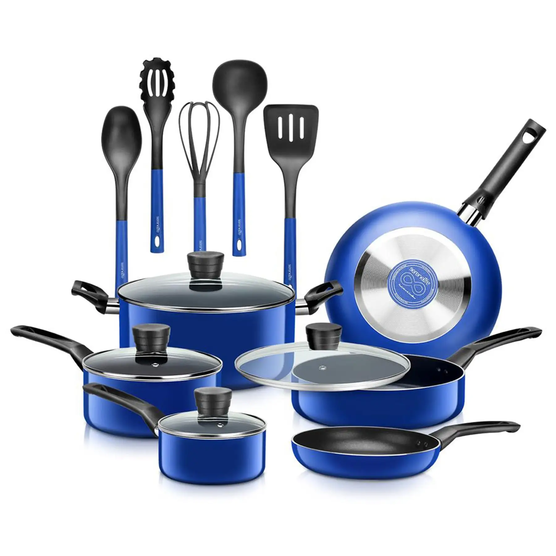 SereneLife 15 Piece Pots and Pans Non Stick Chef Kitchenware Cookware Set, Blue