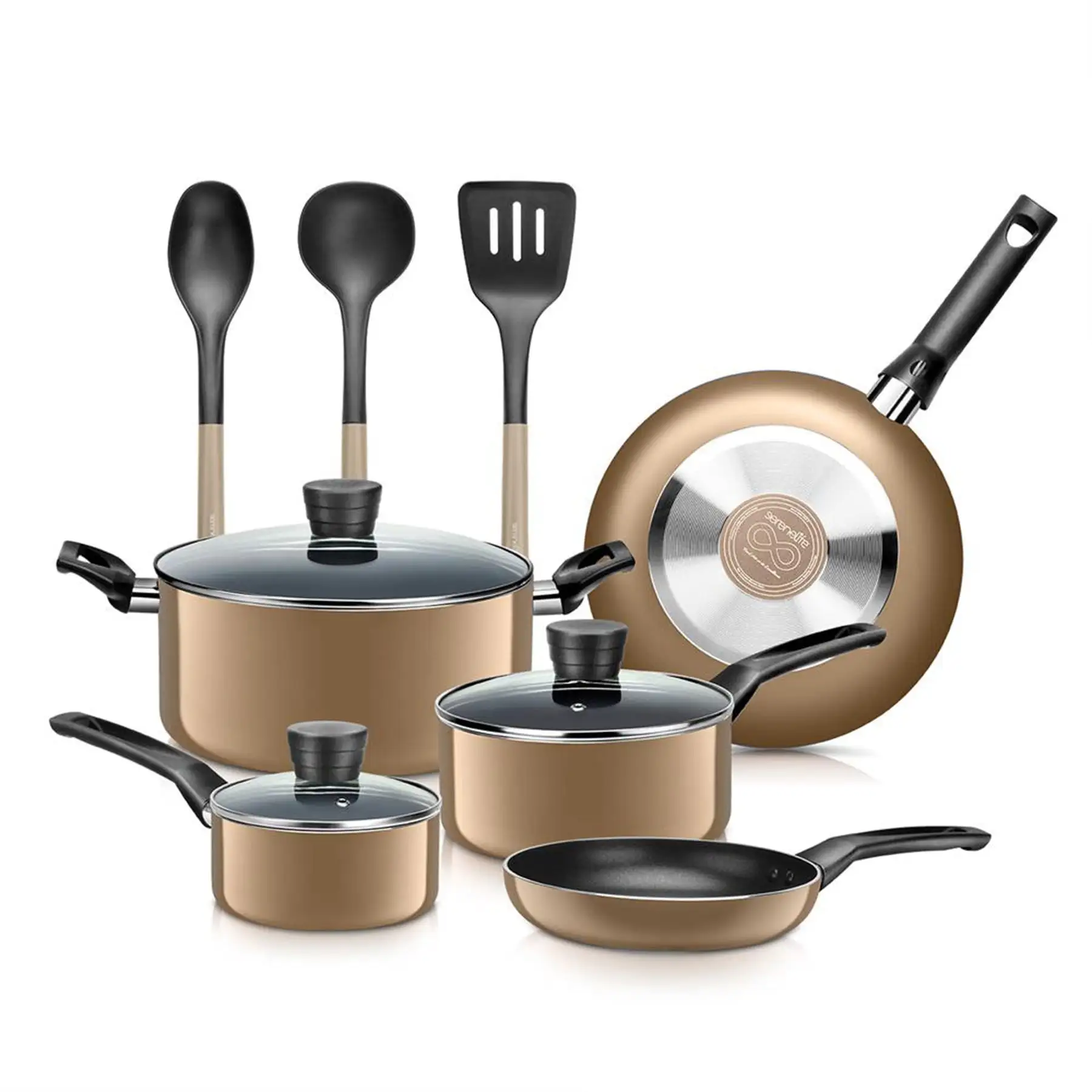 SereneLife 11 Piece Pots and Pans Non Stick Chef Kitchenware Cookware Set, Gold