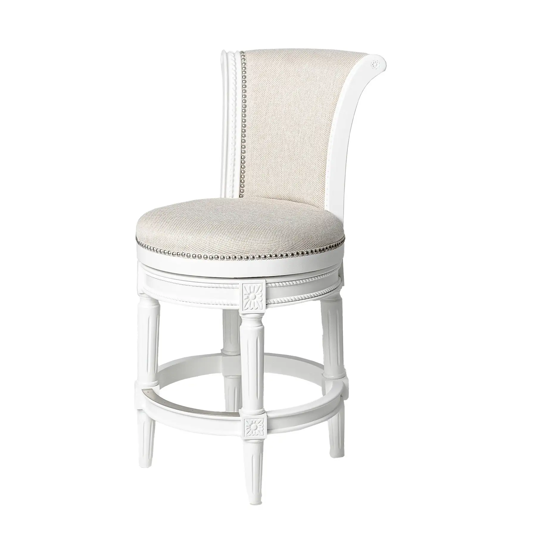 Maven Lane Pullman Counter Stool, Alabaster White Finish Cream Fabric Upholstery