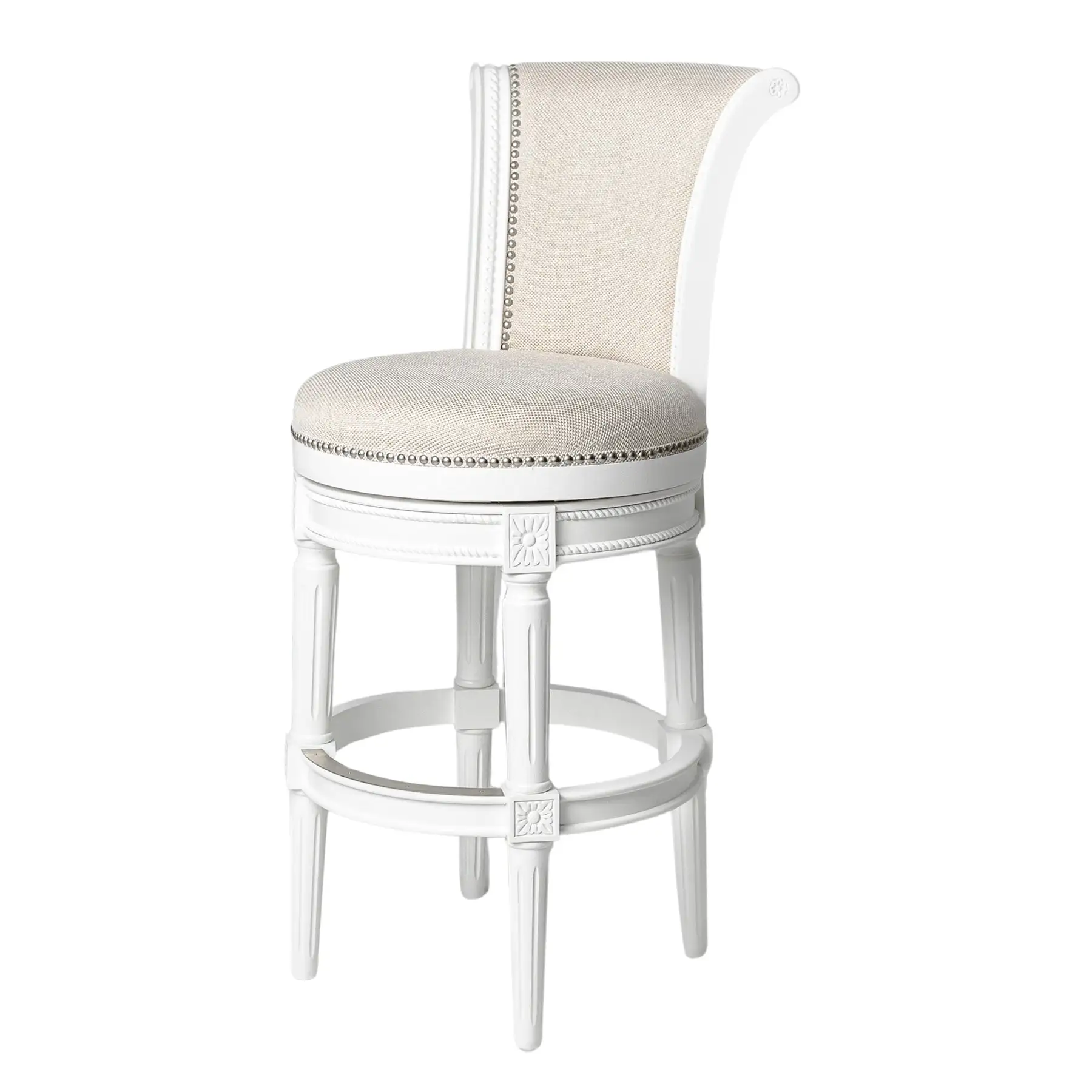 Maven Lane Pullman Bar Stool, Alabaster White Finish w/ Cream Fabric Upholstery