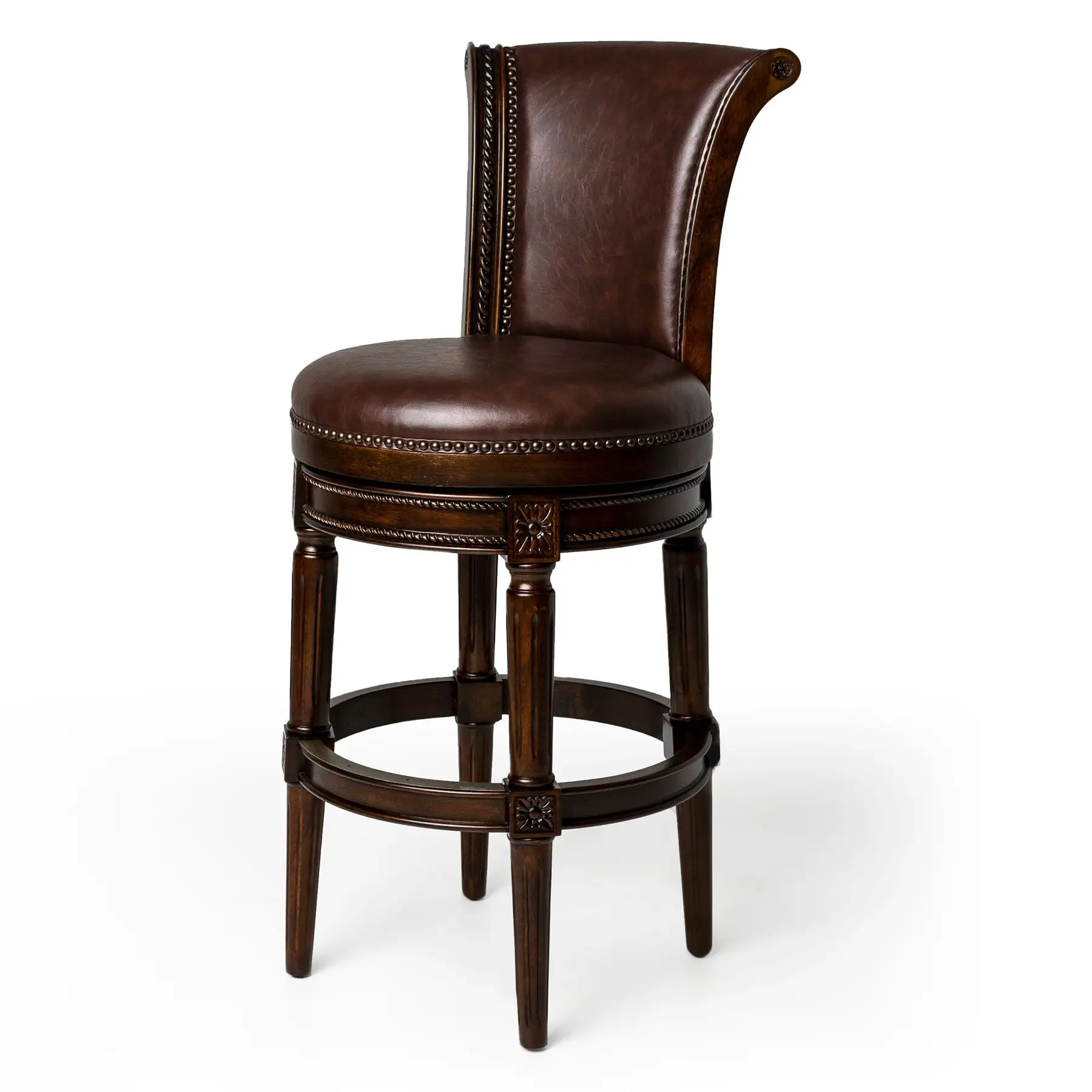 Maven Lane Pullman Bar Stool, Dark Walnut Finish w/ Vintage Brown Vegan Leather