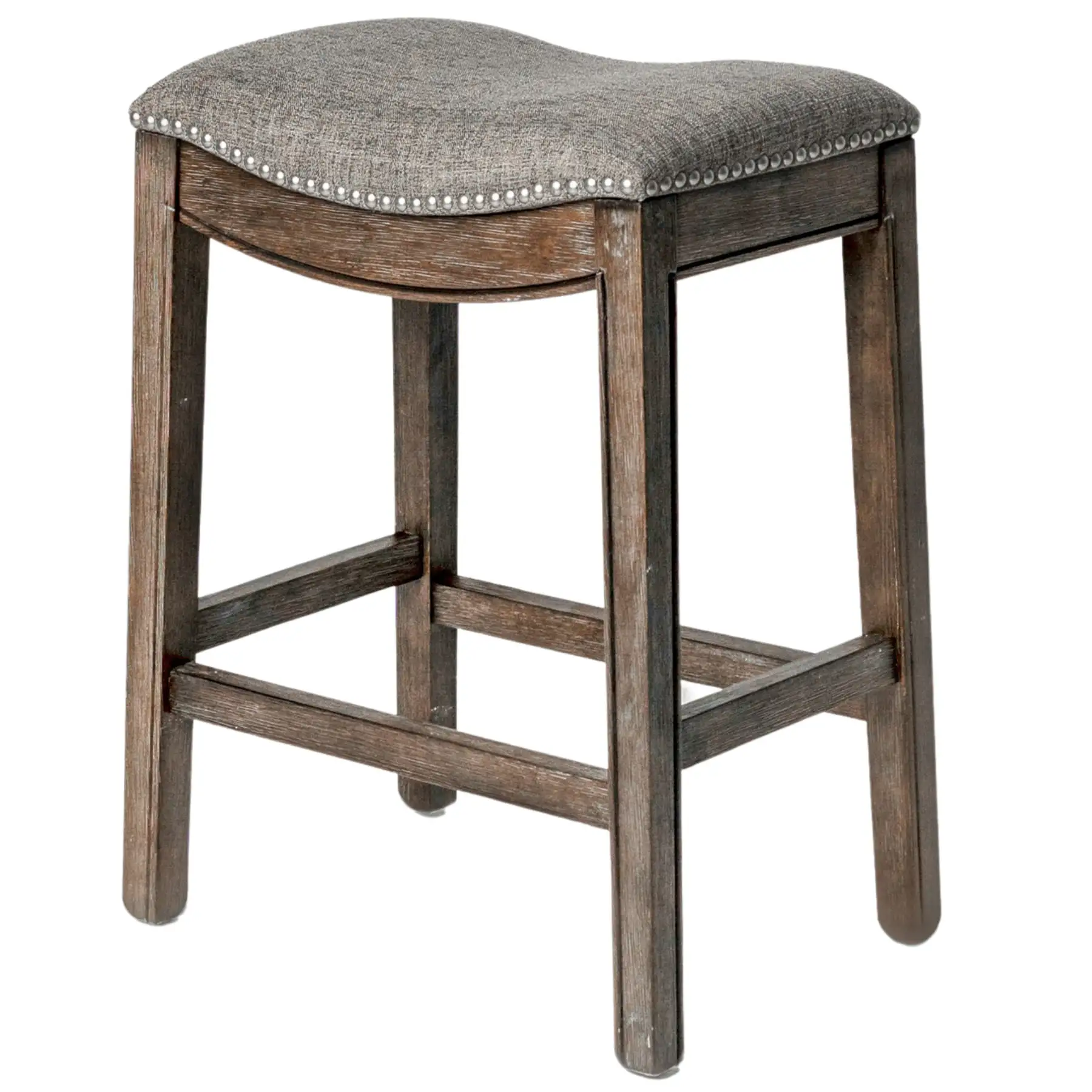 Maven Lane Adrien Backless Saddle Kitchen Counter Stool in Walnut Finish w/ Grey Fabric Upholstery