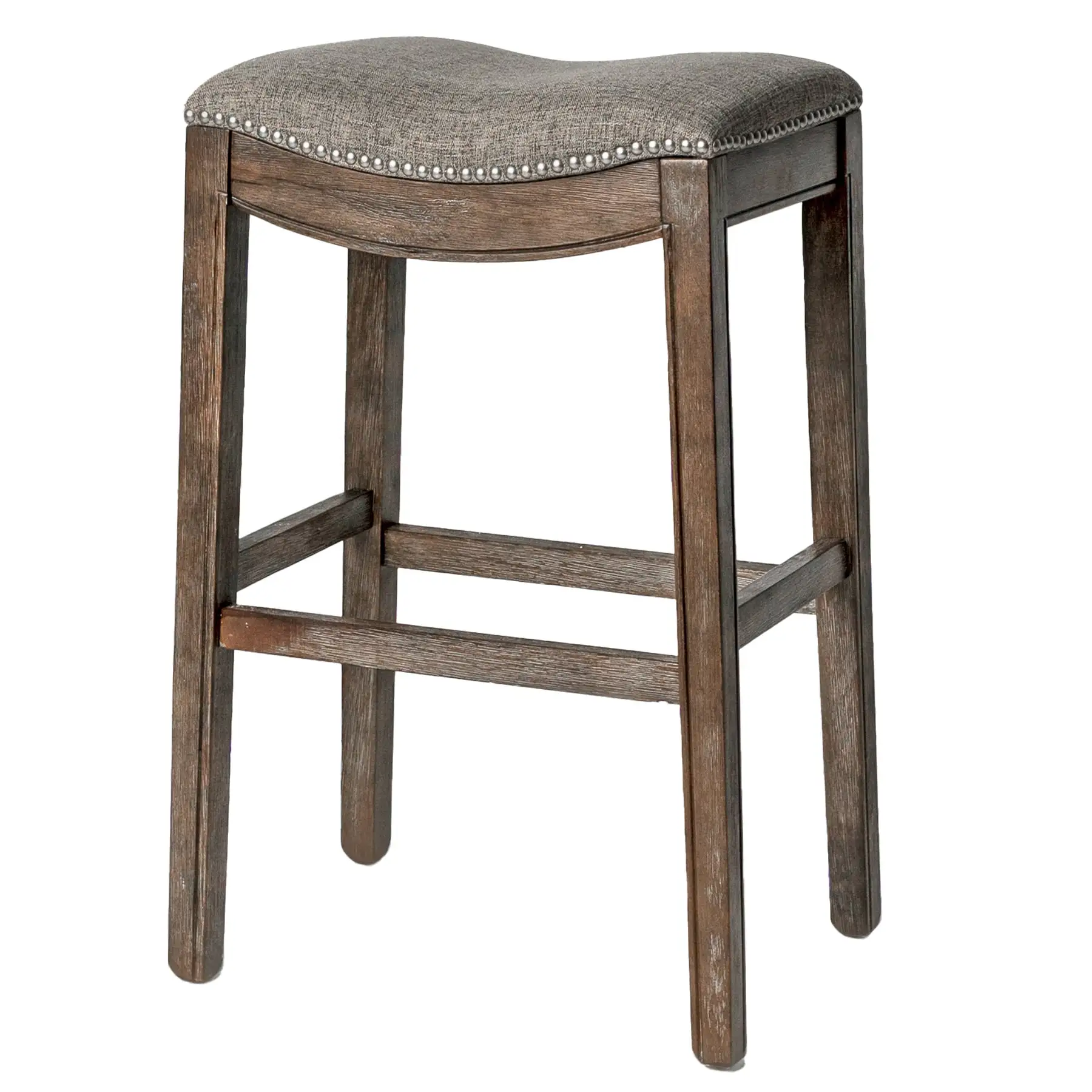 Maven Lane Adrien Saddle Kitchen Bar Stool in Walnut Finish w/ Grey Fabric Upholstery