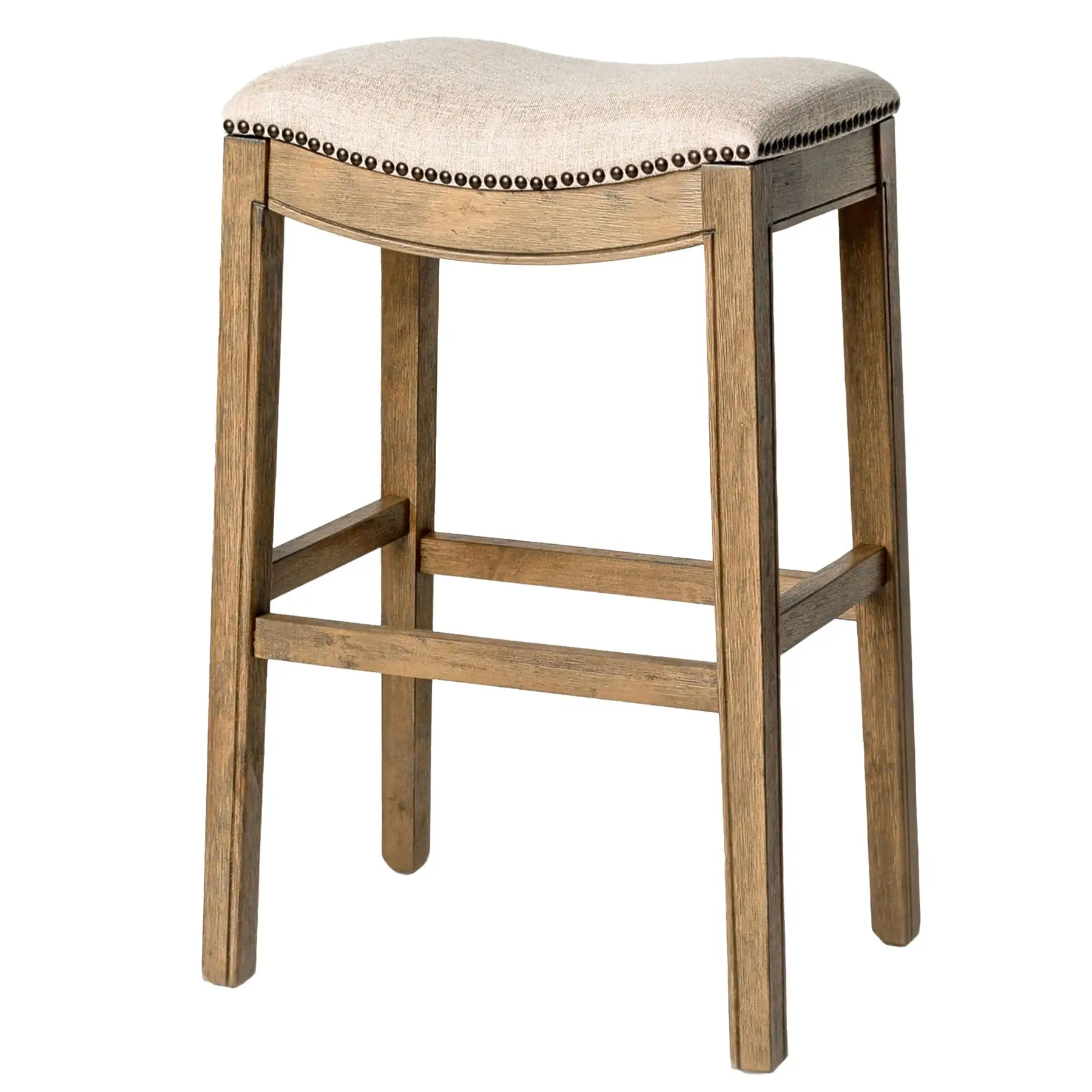 Maven Lane Adrien Saddle Barstool in Natural Wood Finish w/ Wheat Cream Fabric Upholstery