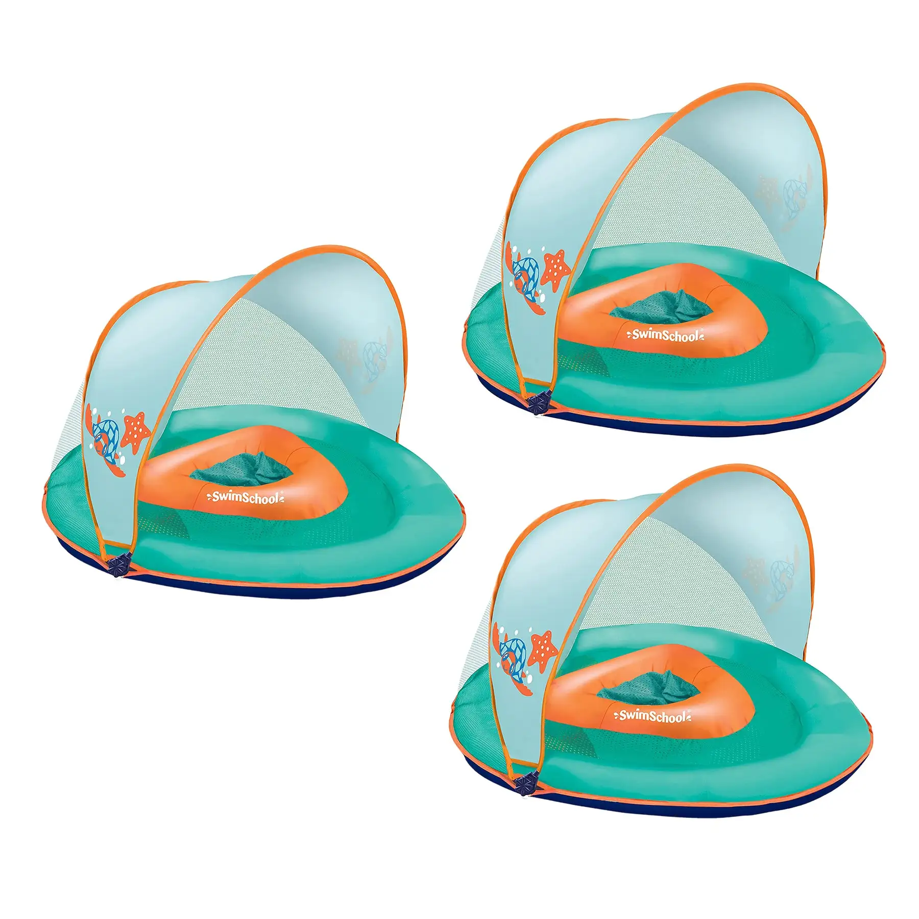 SwimSchool Baby Boat Float w/ Safety Seat & Sun Shade Canopy, Orange, 3 Pack