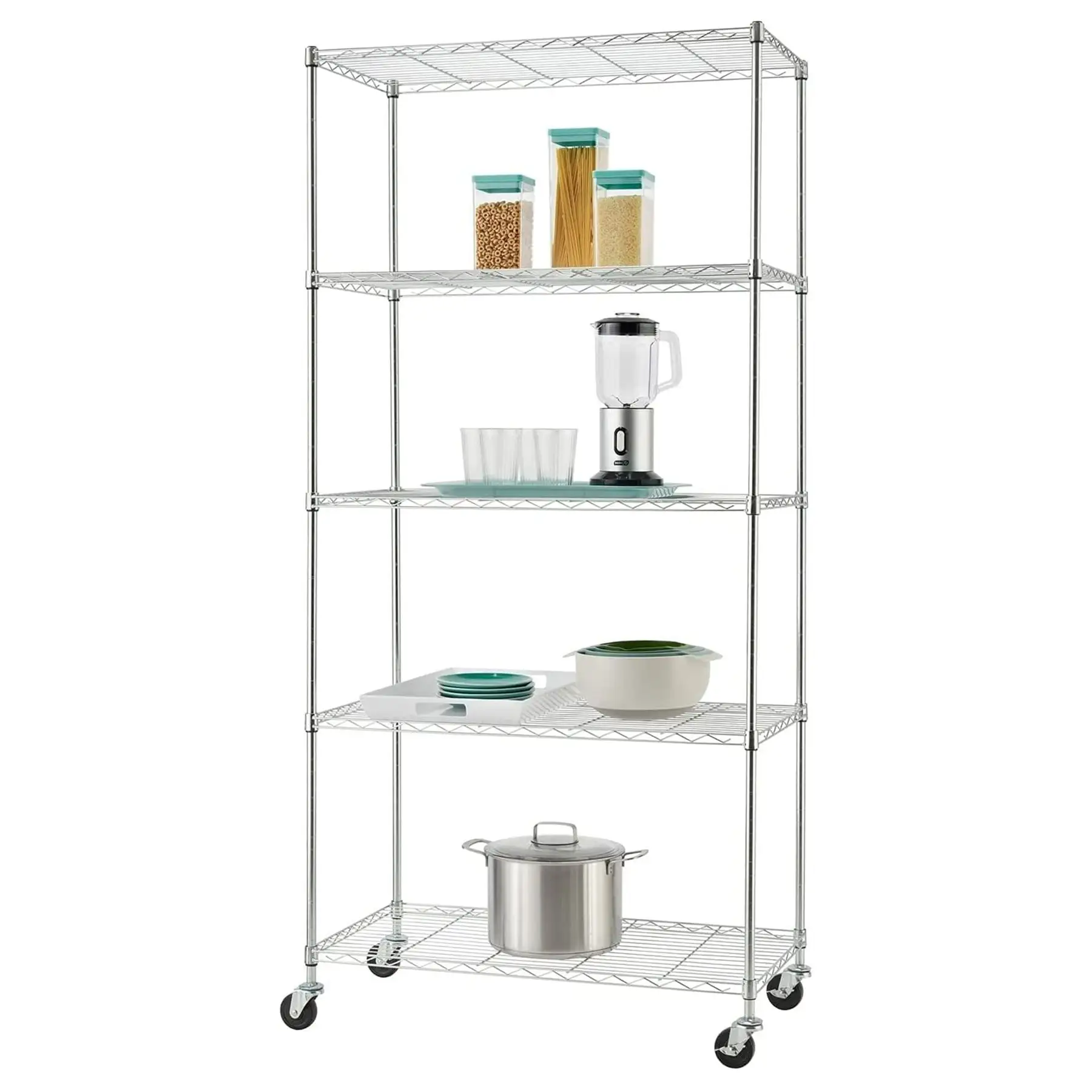 TRINITY BASICS EcoStorage 5 Tier Adjustable Wire Shelving with Wheels, Chrome - Image 4