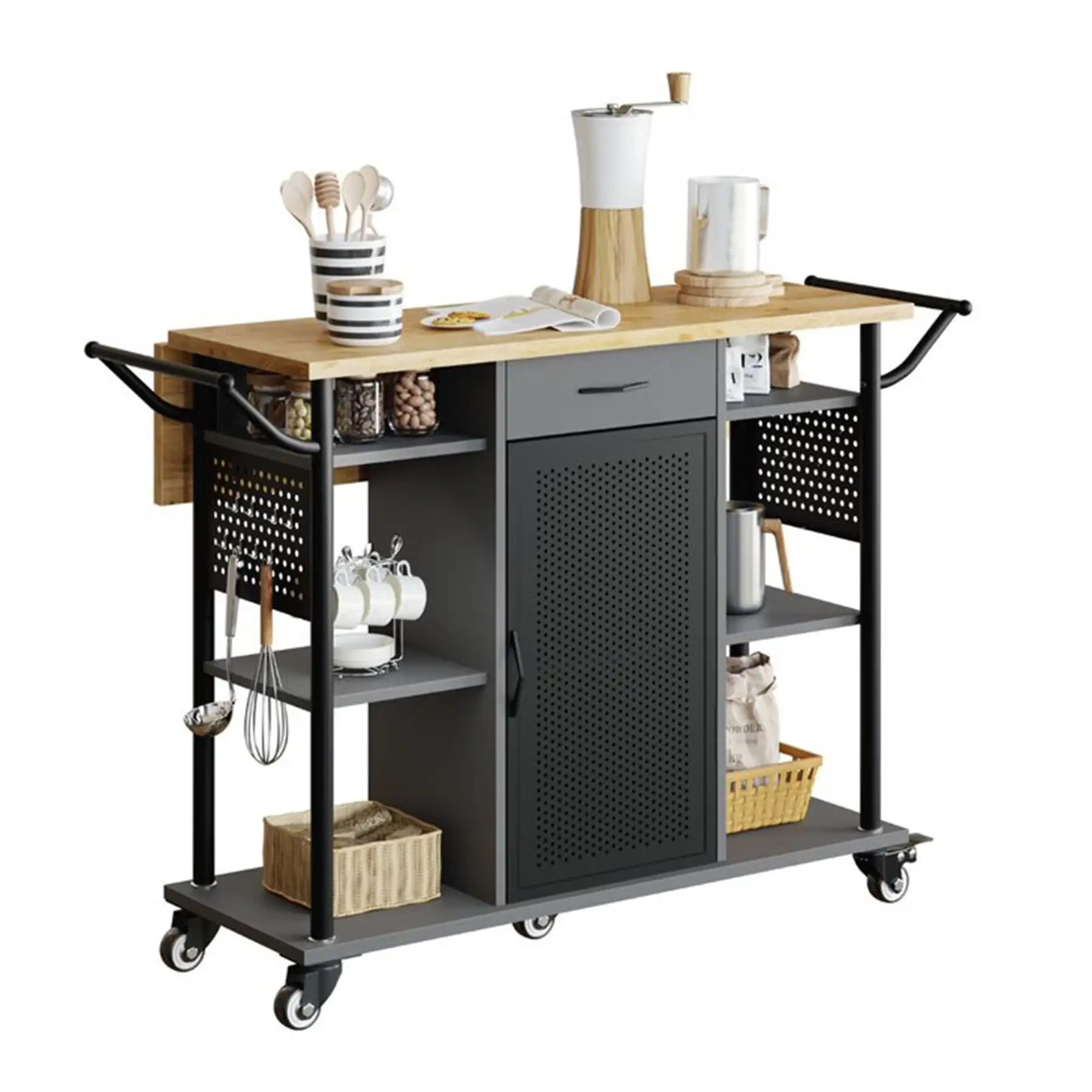 Bestier Rolling Kitchen Utility Cart with Collapsible Surface Extender, Grey