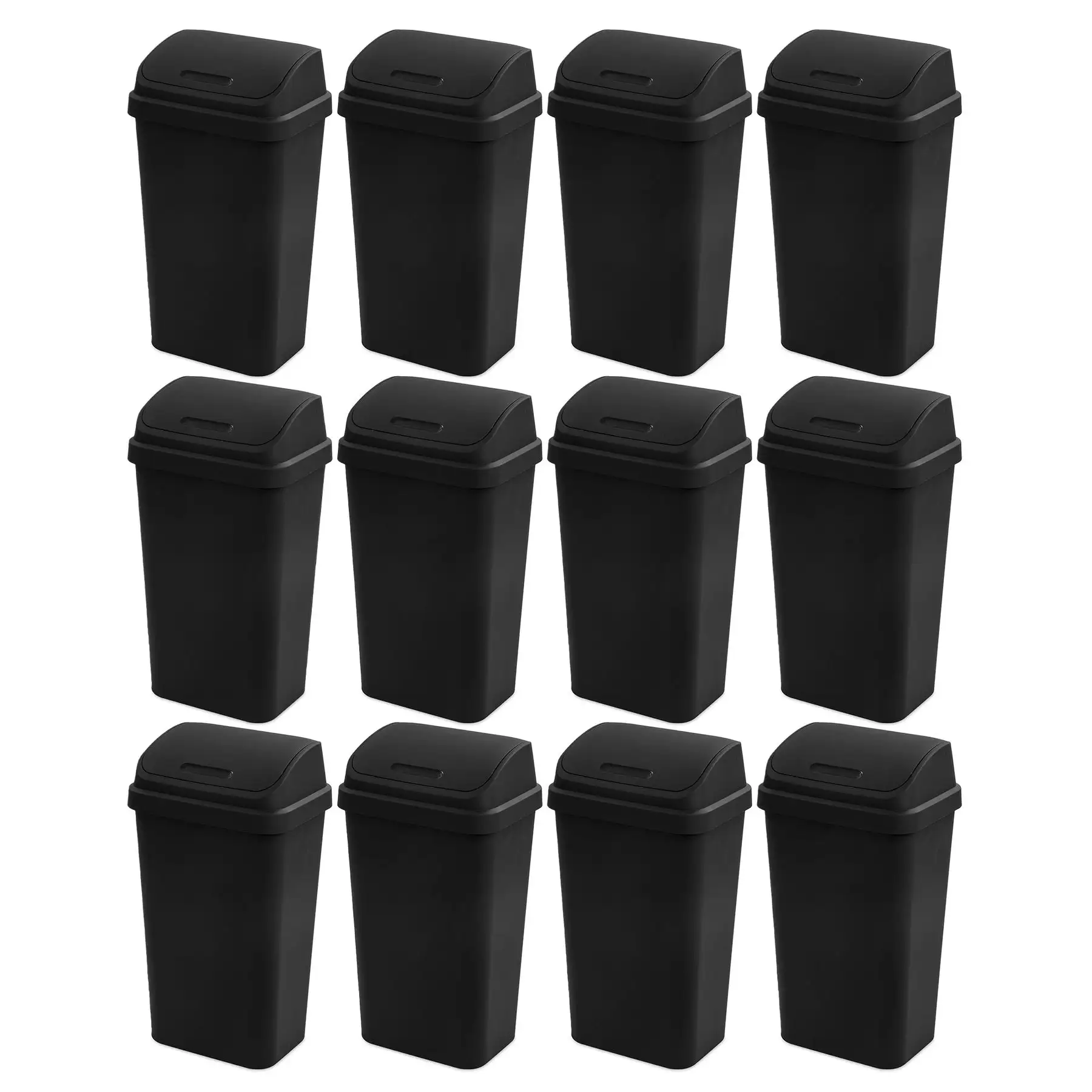 Sterilite 13 Gal Kitchen Swing Top Lidded Wastebasket Trash Can, Black (12 Pack)