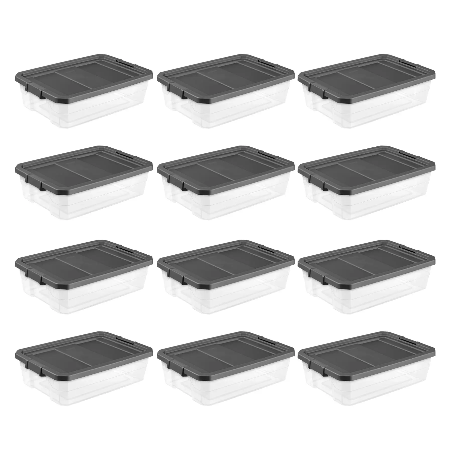 Sterilite 40 Quart Plastic Under Bed Storage Bin Tote & Latch Lid, 12 Pack, Gray